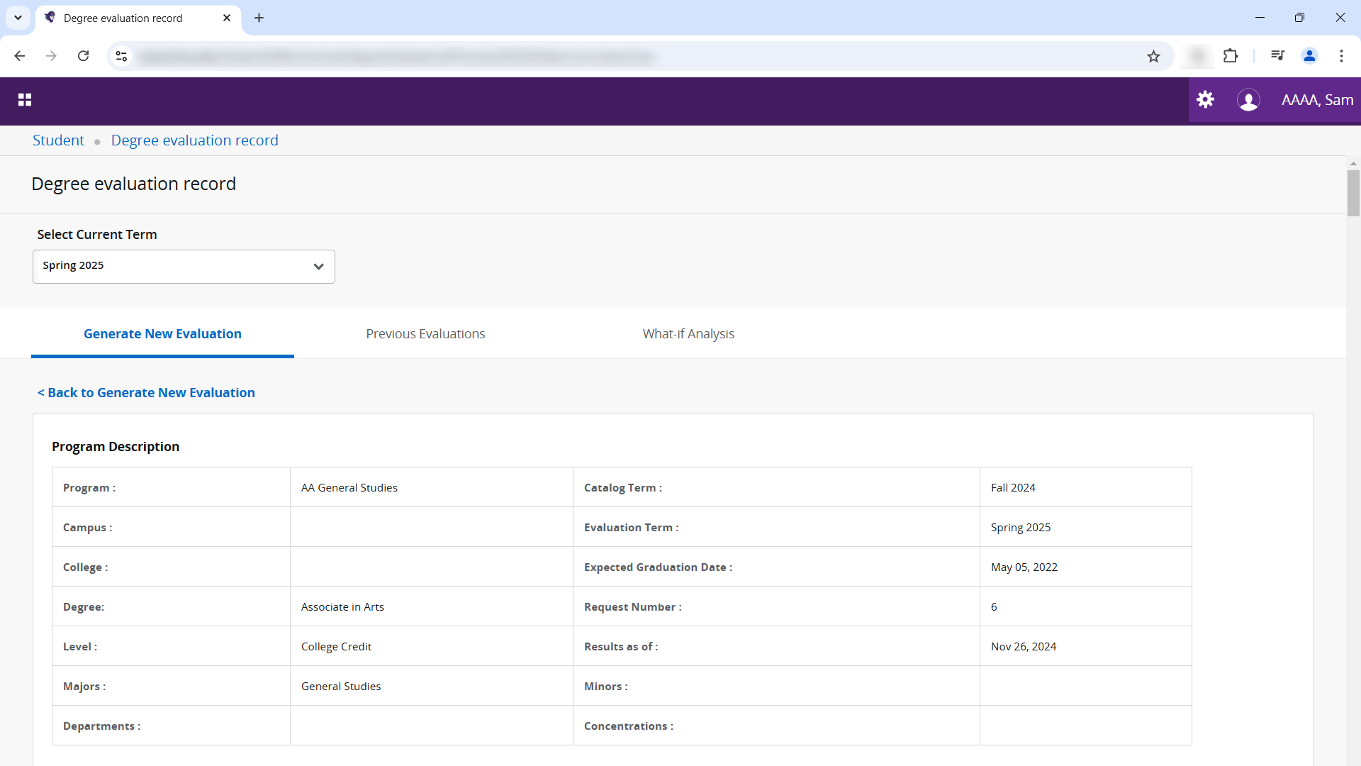 The "Degree evaluation record" page, showing the "Program Description" section.