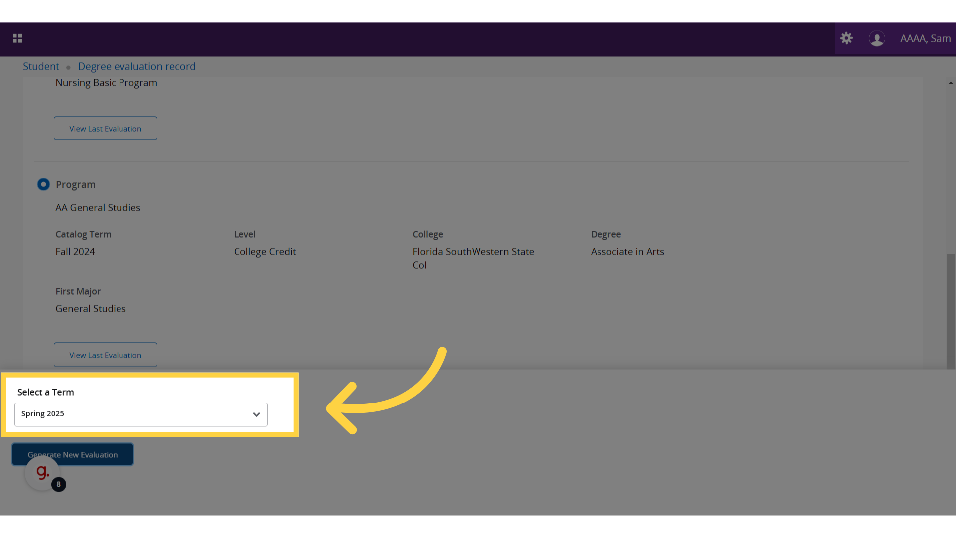 Yellow box around the "Select a Term" section.