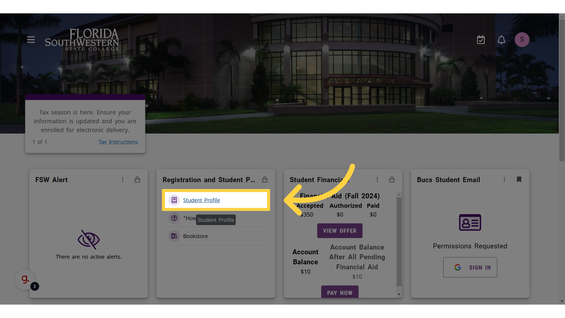 Yellow box around the "Student Profile" link.