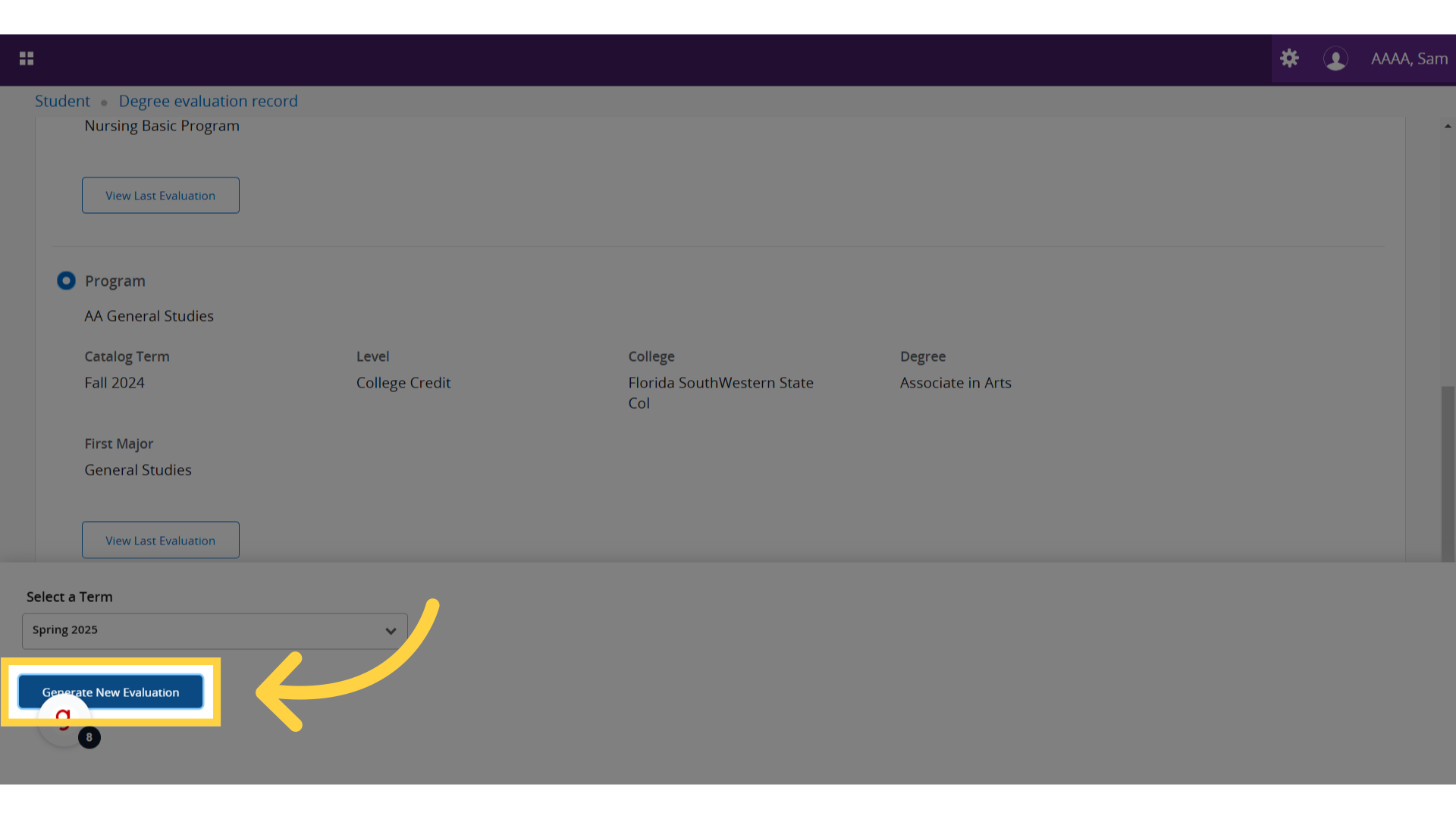 Yellow box around the "Generate New Evaluation" button.
