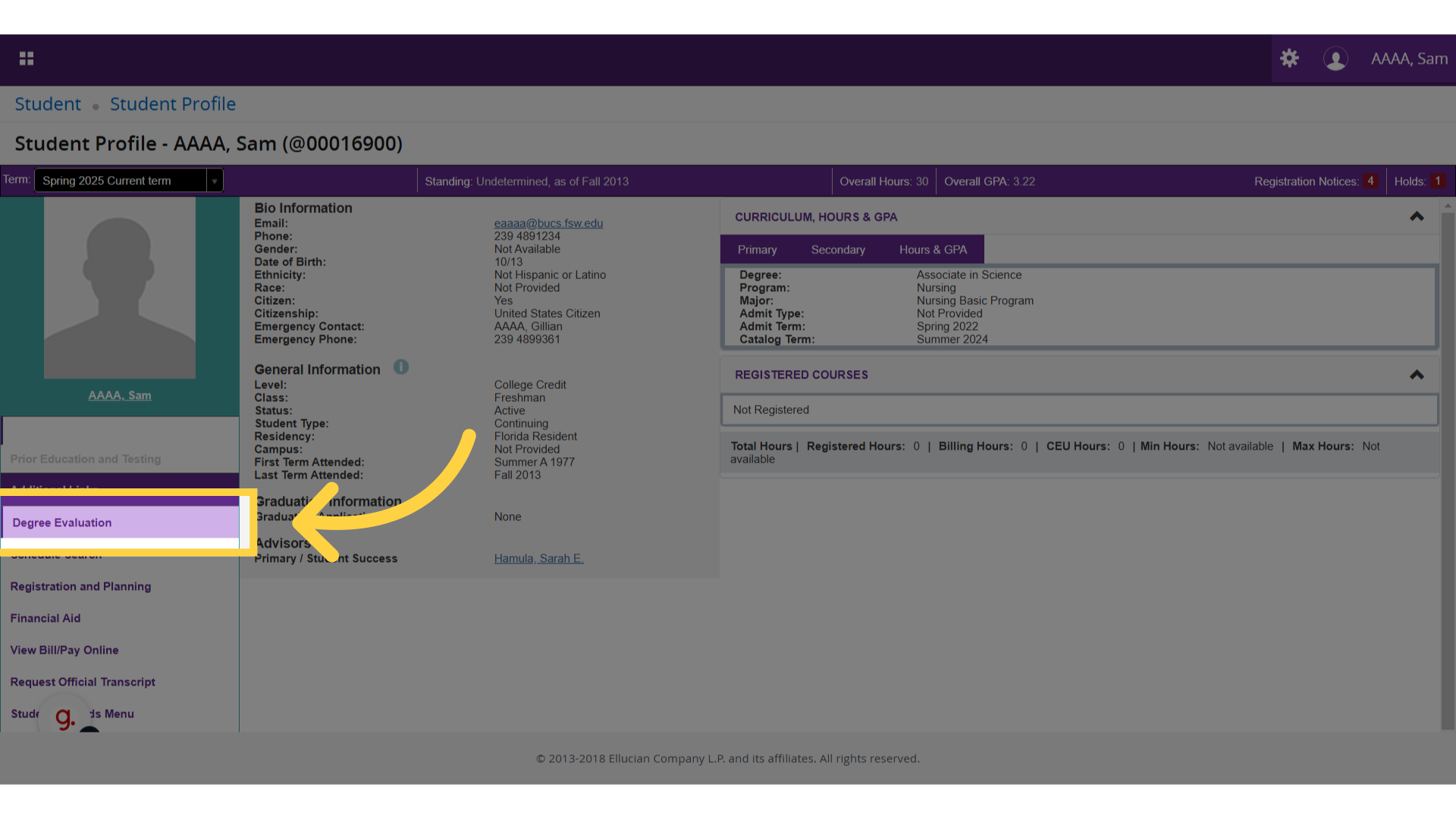 Yellow box around the "Degree Evaluation" link.