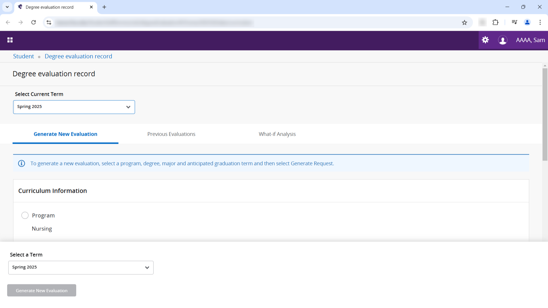 The "Degree evaluation record" page.