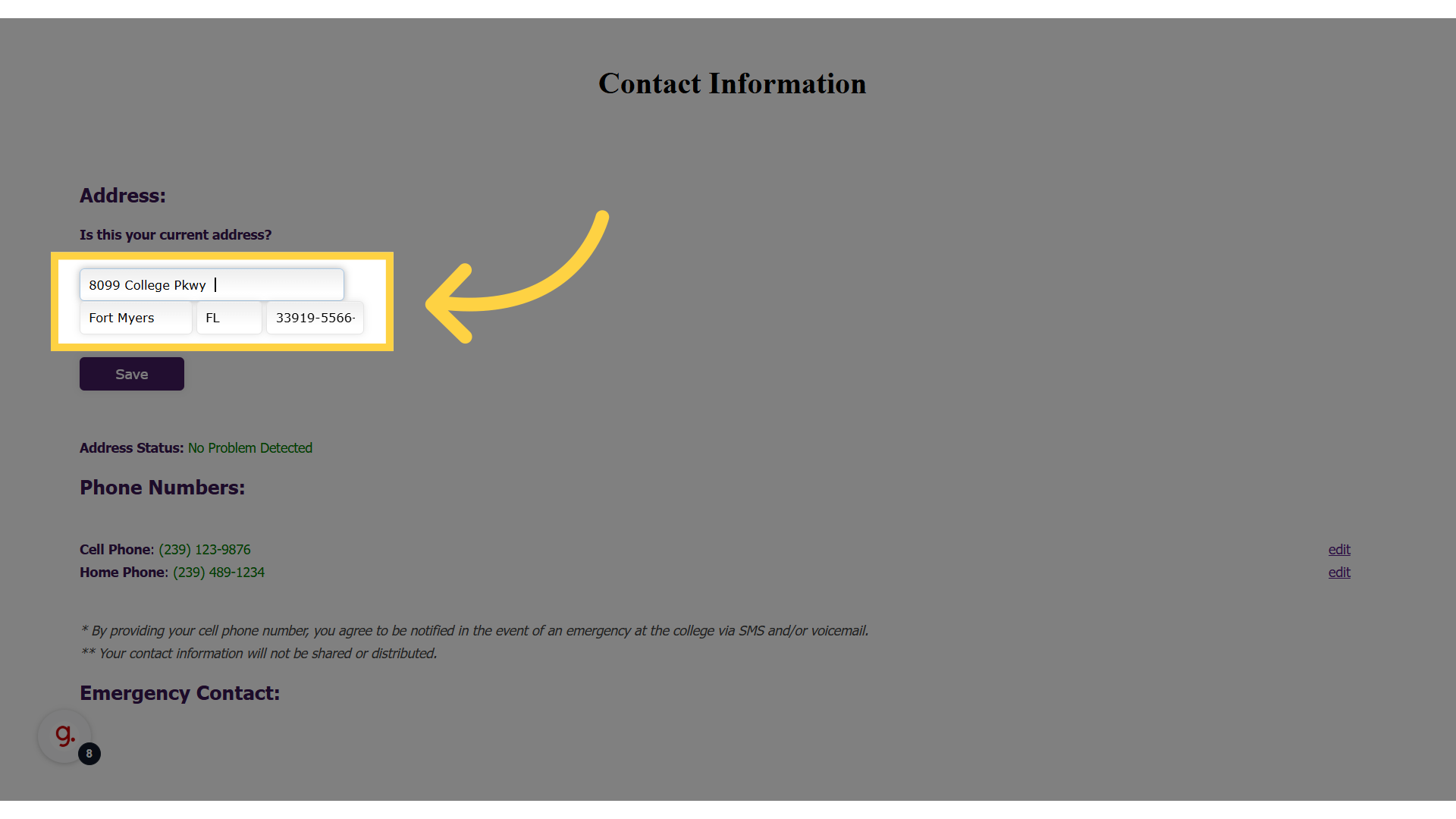 Yellow box around the address fields.