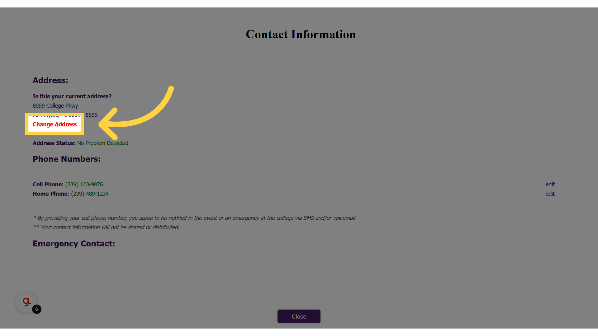Yellow box around the "Change Address" link.
