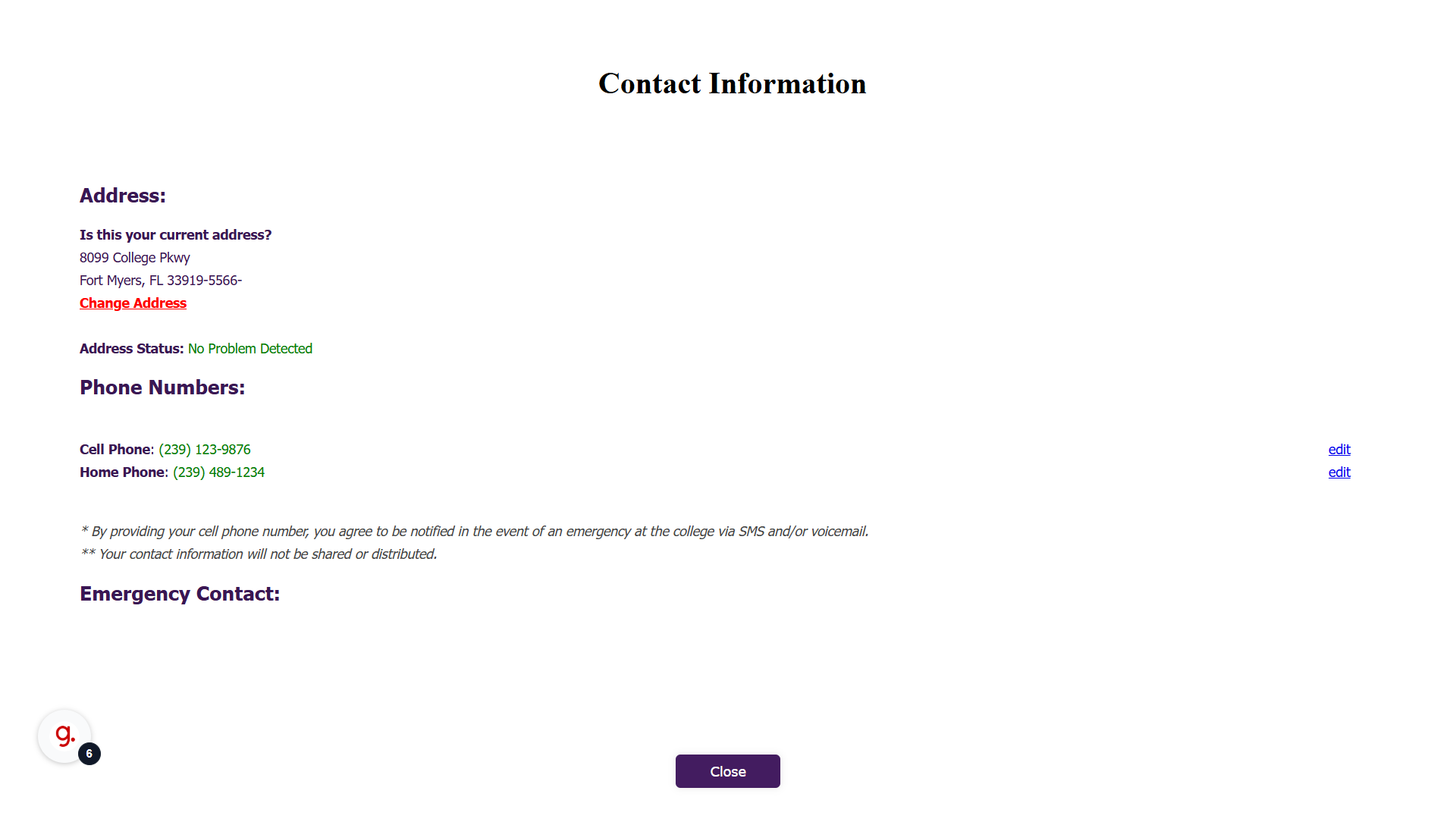 The "Contact Information" pop-up.