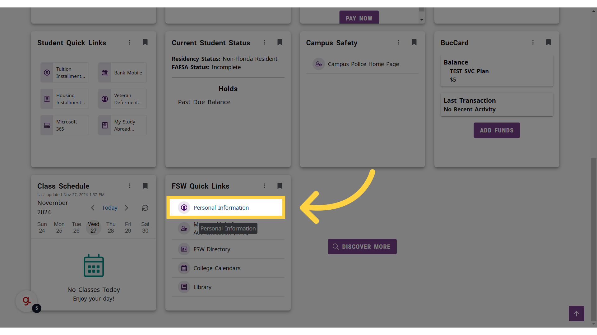 Yellow box around, and arrow pointing to, the "Personal Information" link.