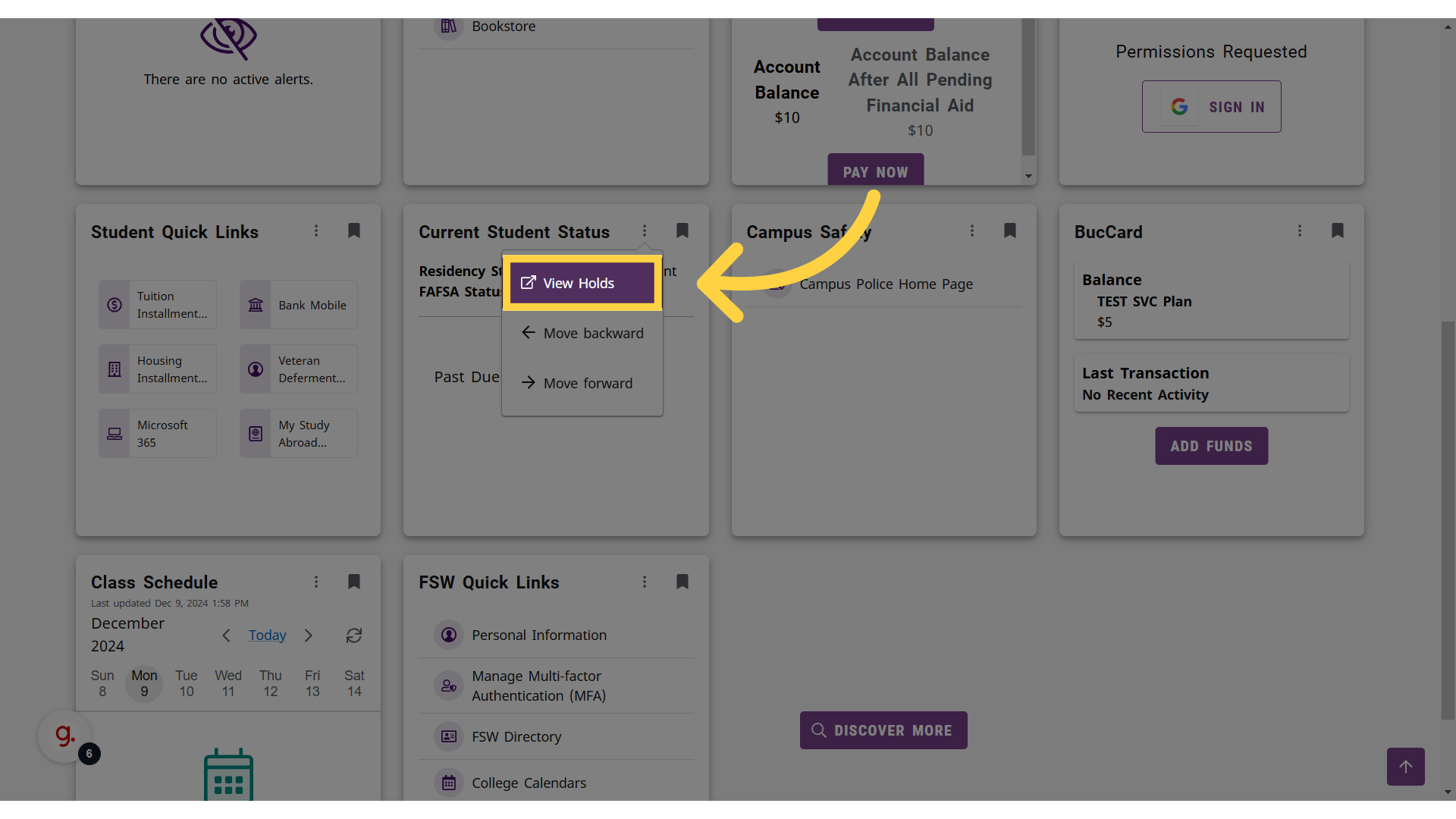 Yellow box around, and arrow pointing to, the "View Holds" link.