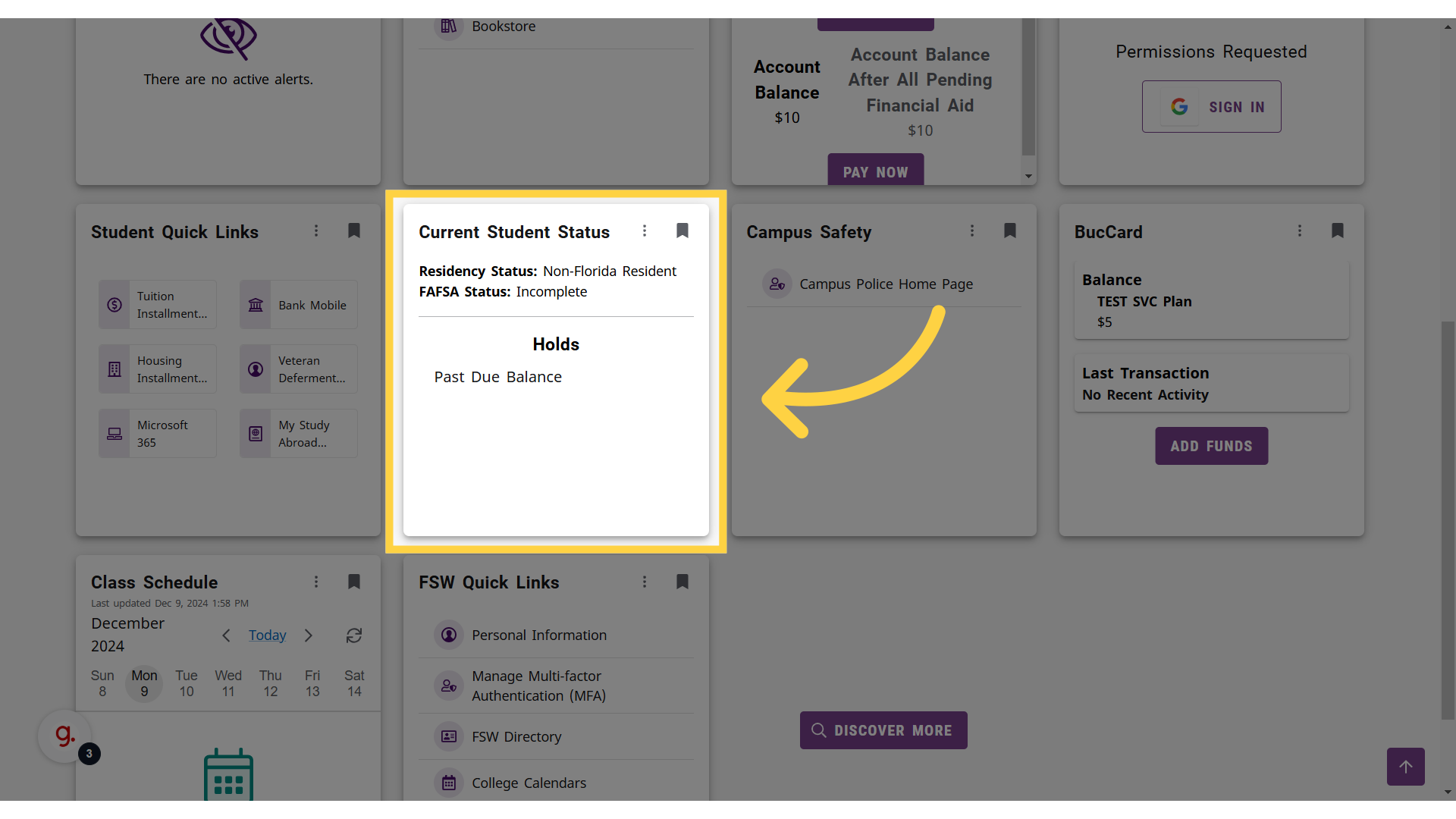 Yellow box around, and arrow pointing to, the "Current Student Status" card.