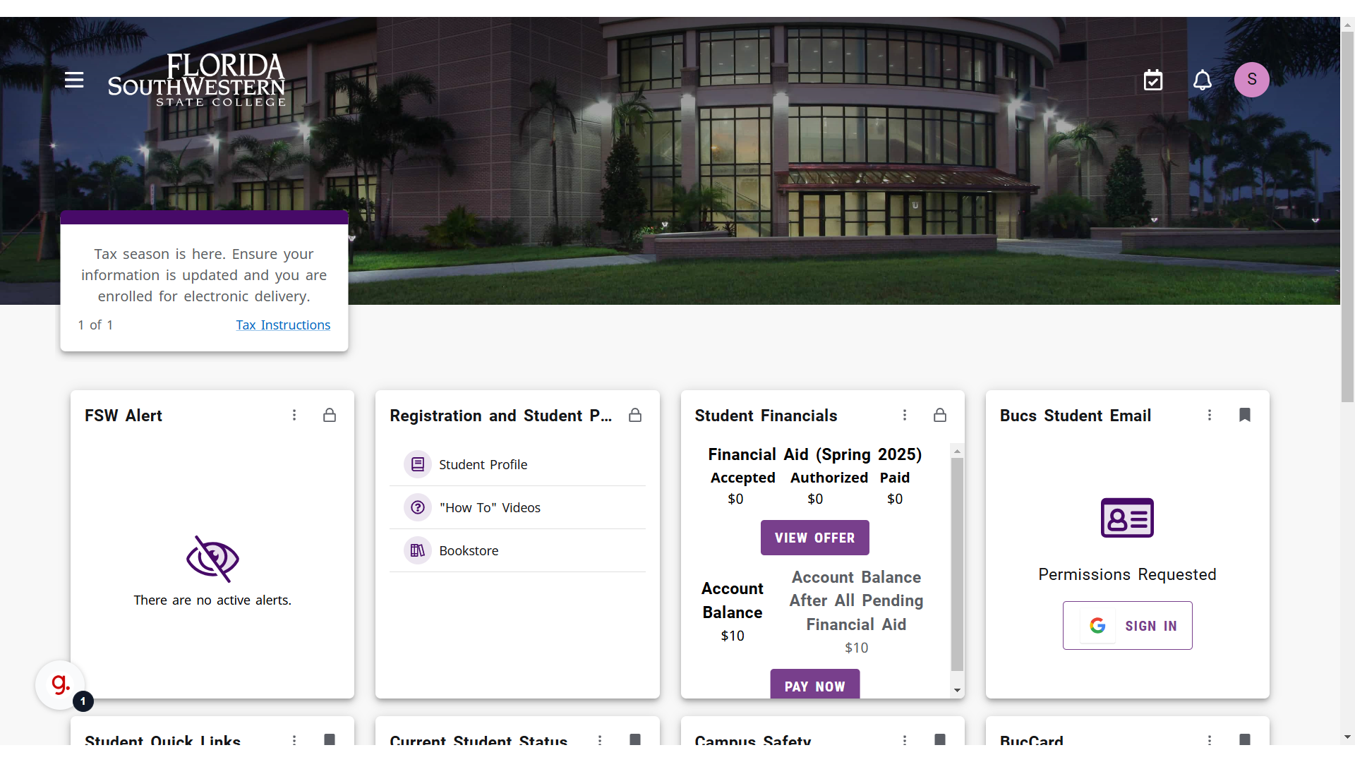 The MyFSW "Home" page.