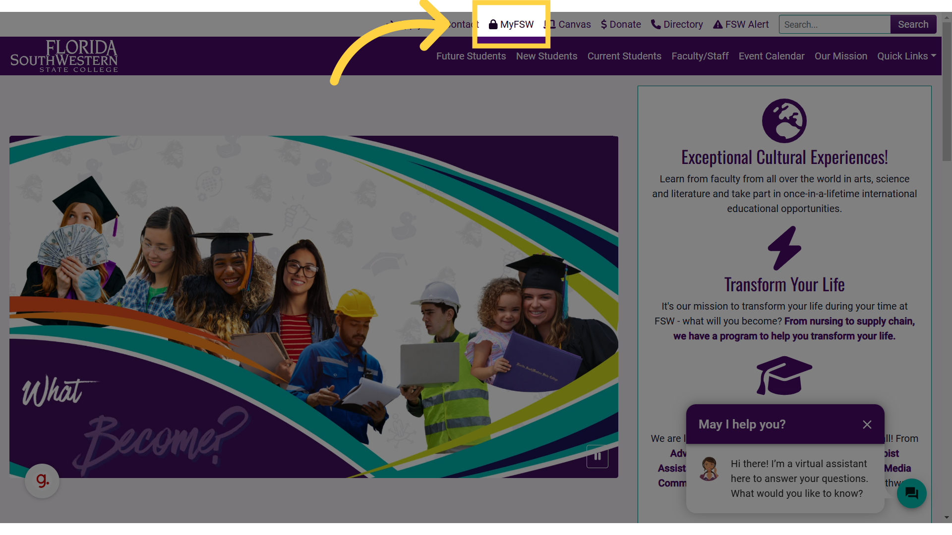 Yellow box around, and arrow pointing to, the "MyFSW" link.
