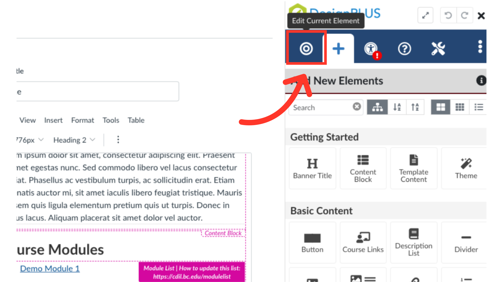 Screenshot of a website interface displaying editing tools and content blocks. A red arrow points to an "Edit Current Element" icon in the menu.