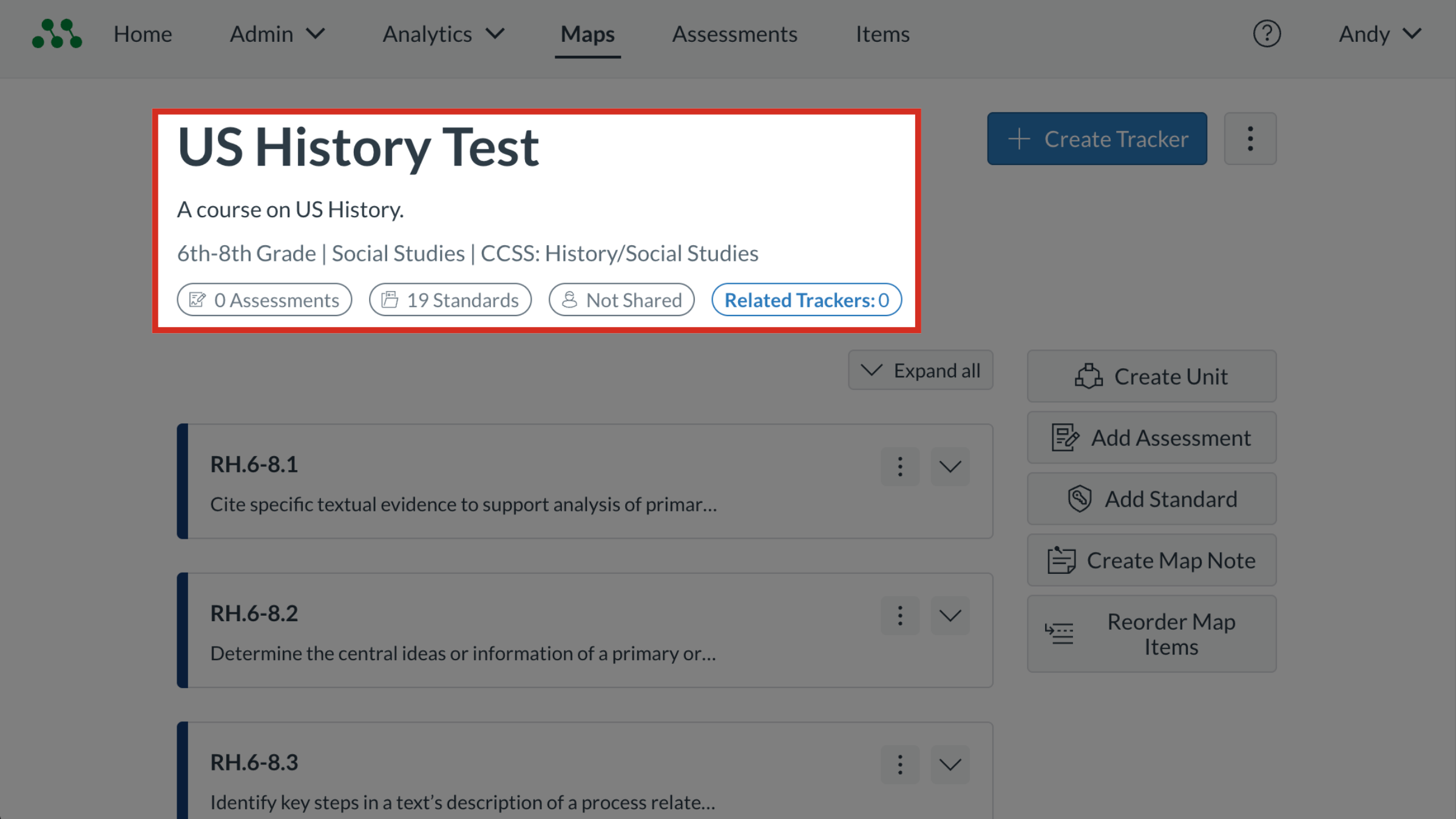 The Curriculum Map page with its name, description, subject, and other details highlighted.