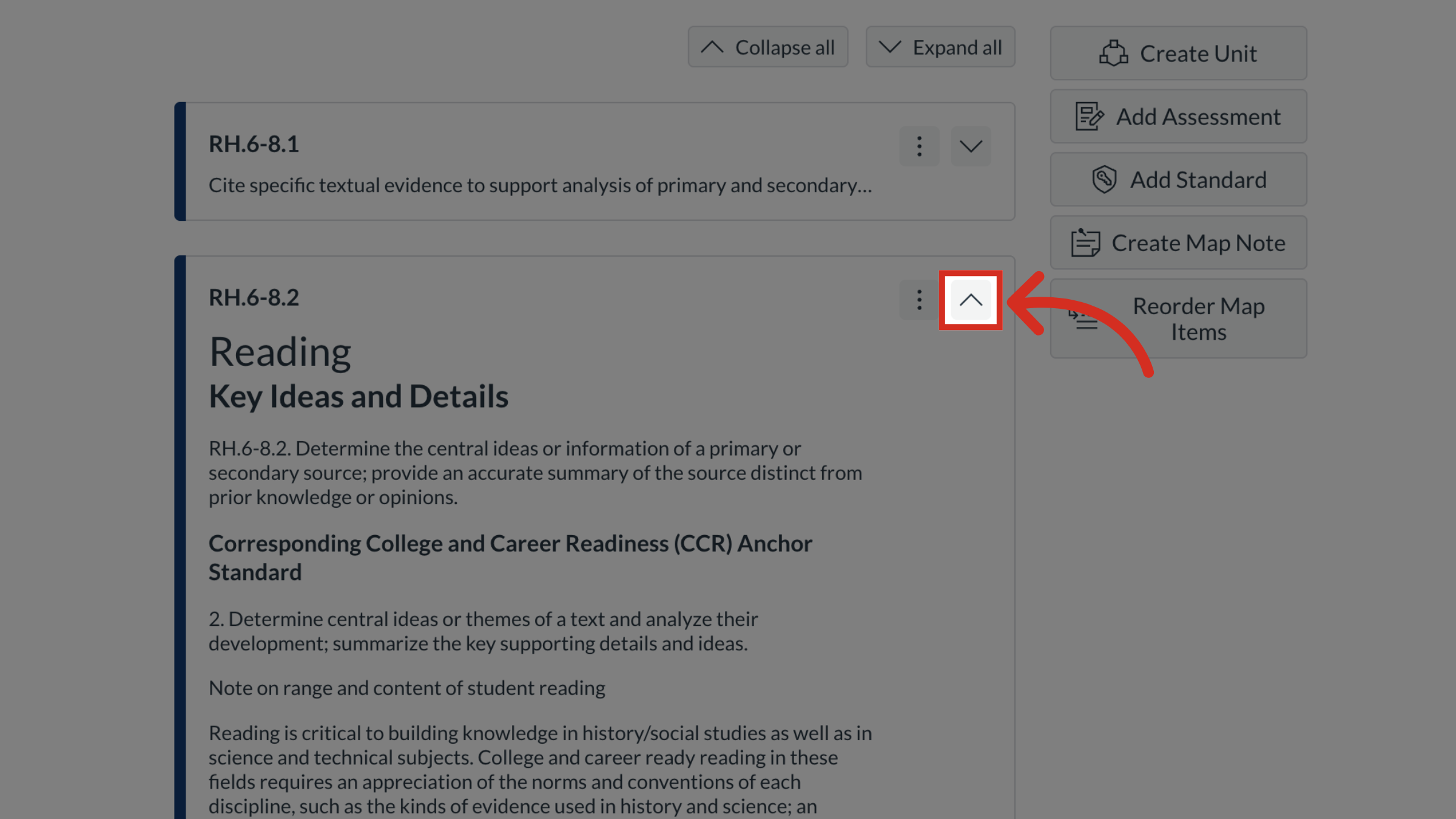 The Curriculum Map page with an item's Collapse button highlighted.
