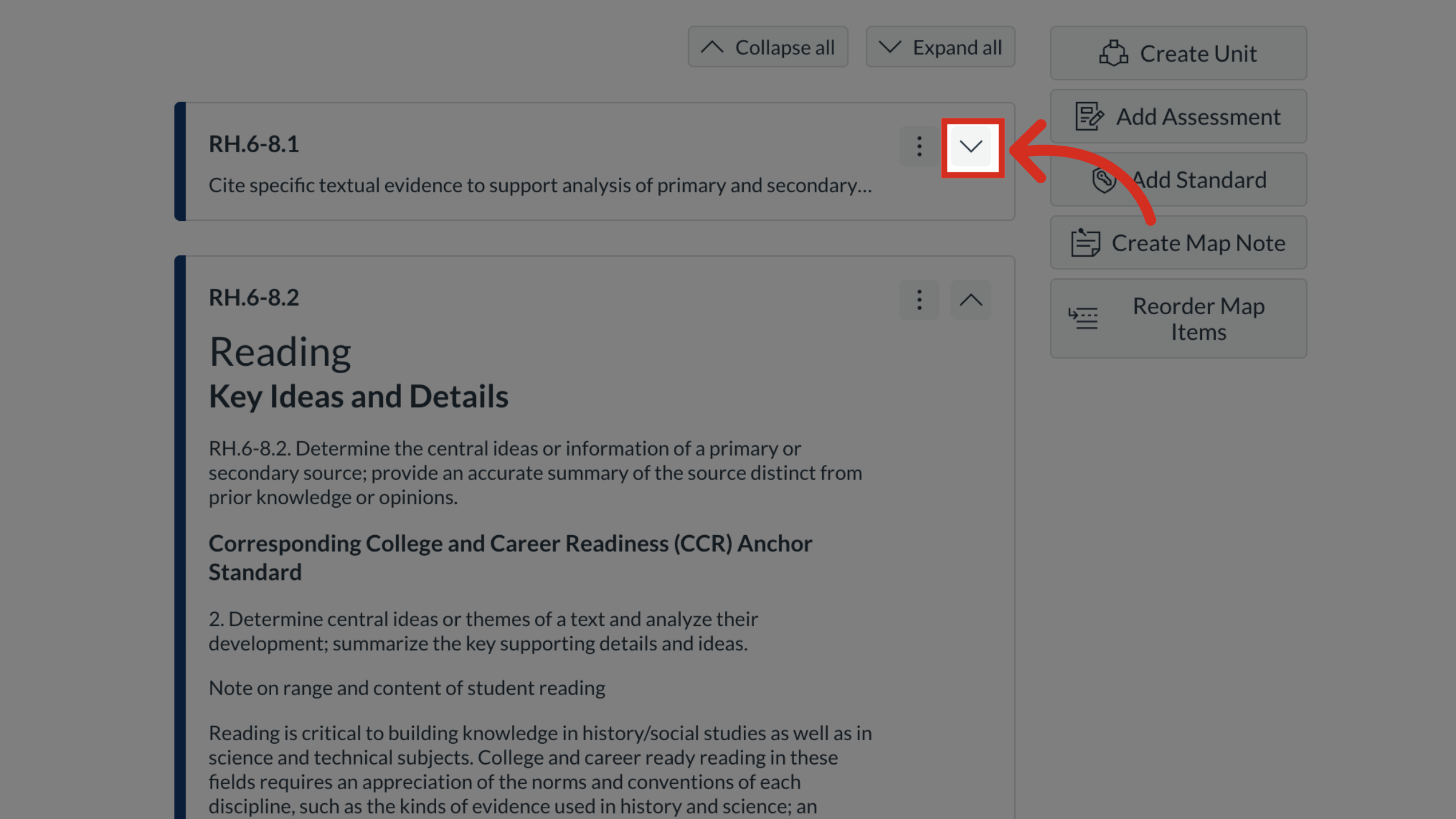 The Curriculum Map page with an item's Expand button highlighted.