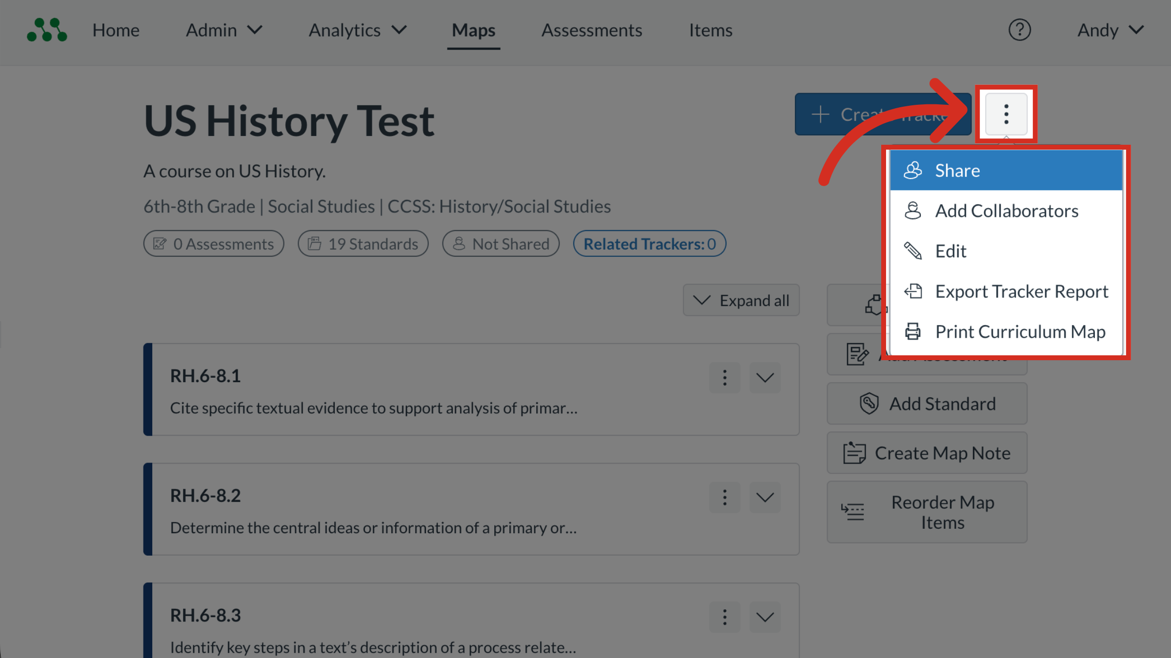 The Curriculum Map page with the Options button and a menu list highlighted.