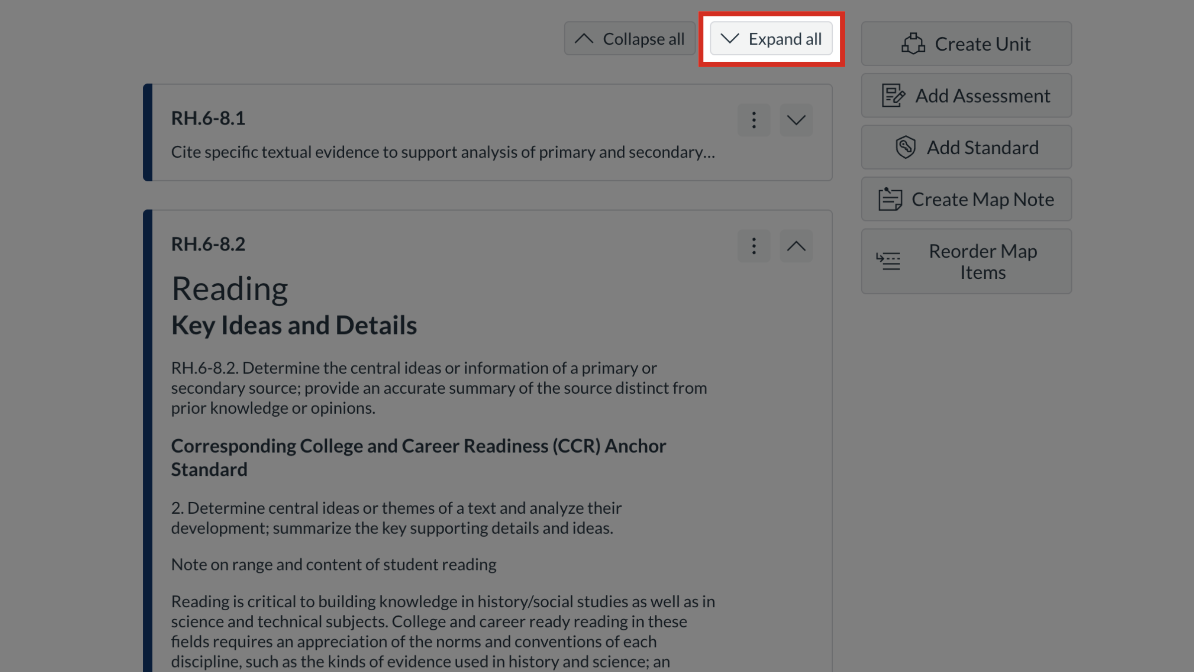 The Curriculum Map page with the Expand all button highlighted.