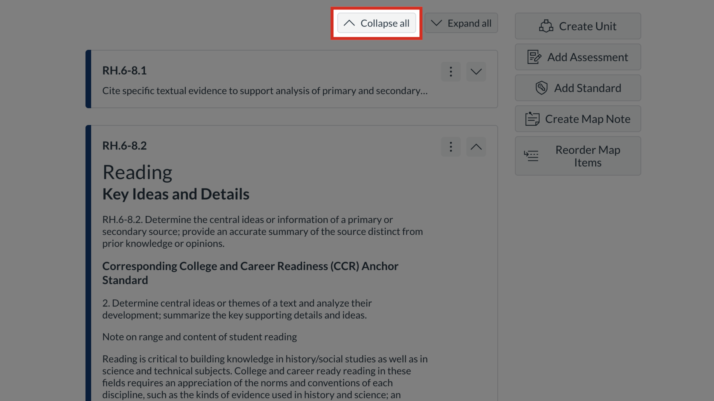 The Curriculum Map page with the Collapse all button highlighted.