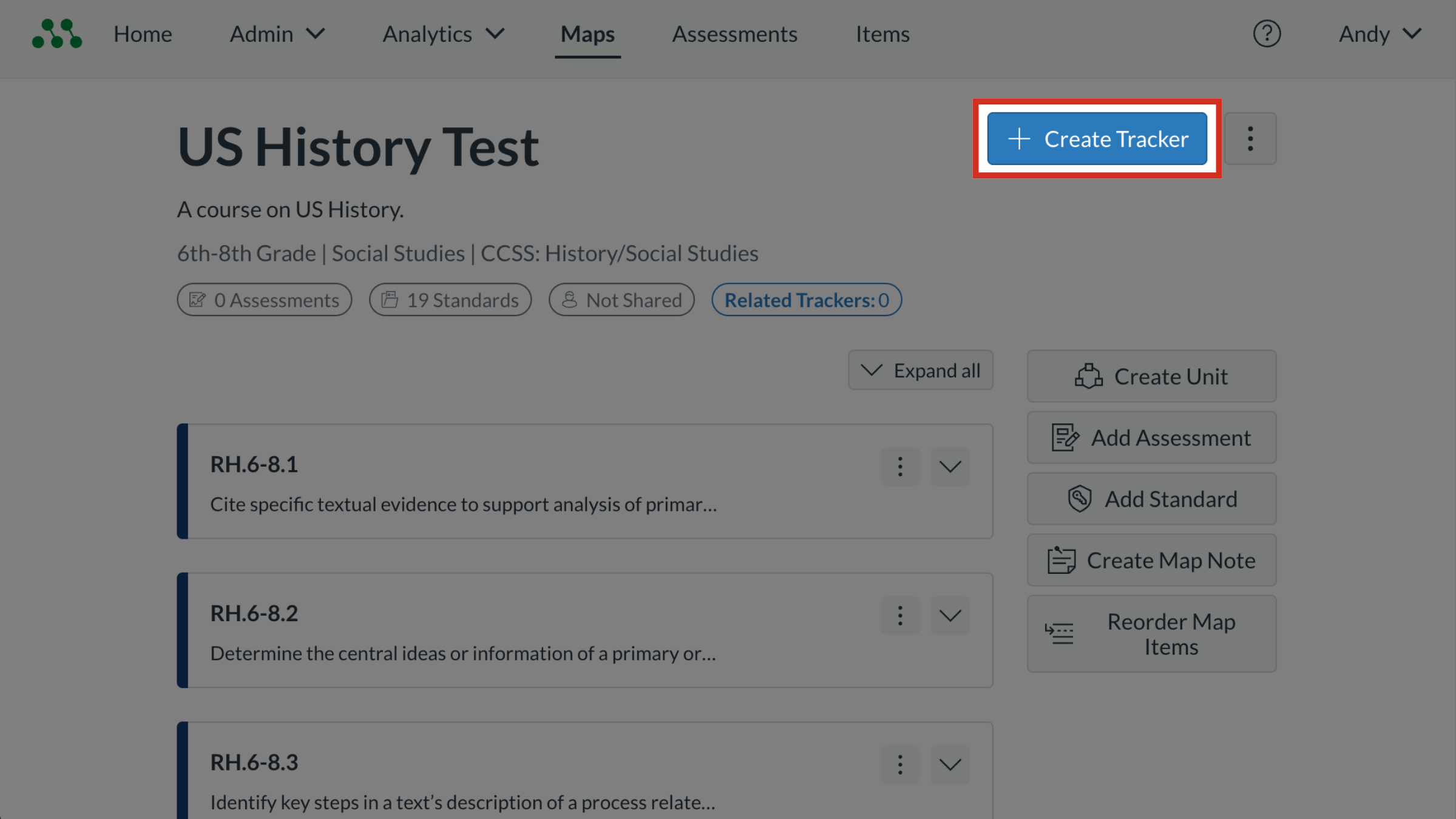 The Curriculum Map page with a Create Tracker button highlighted.