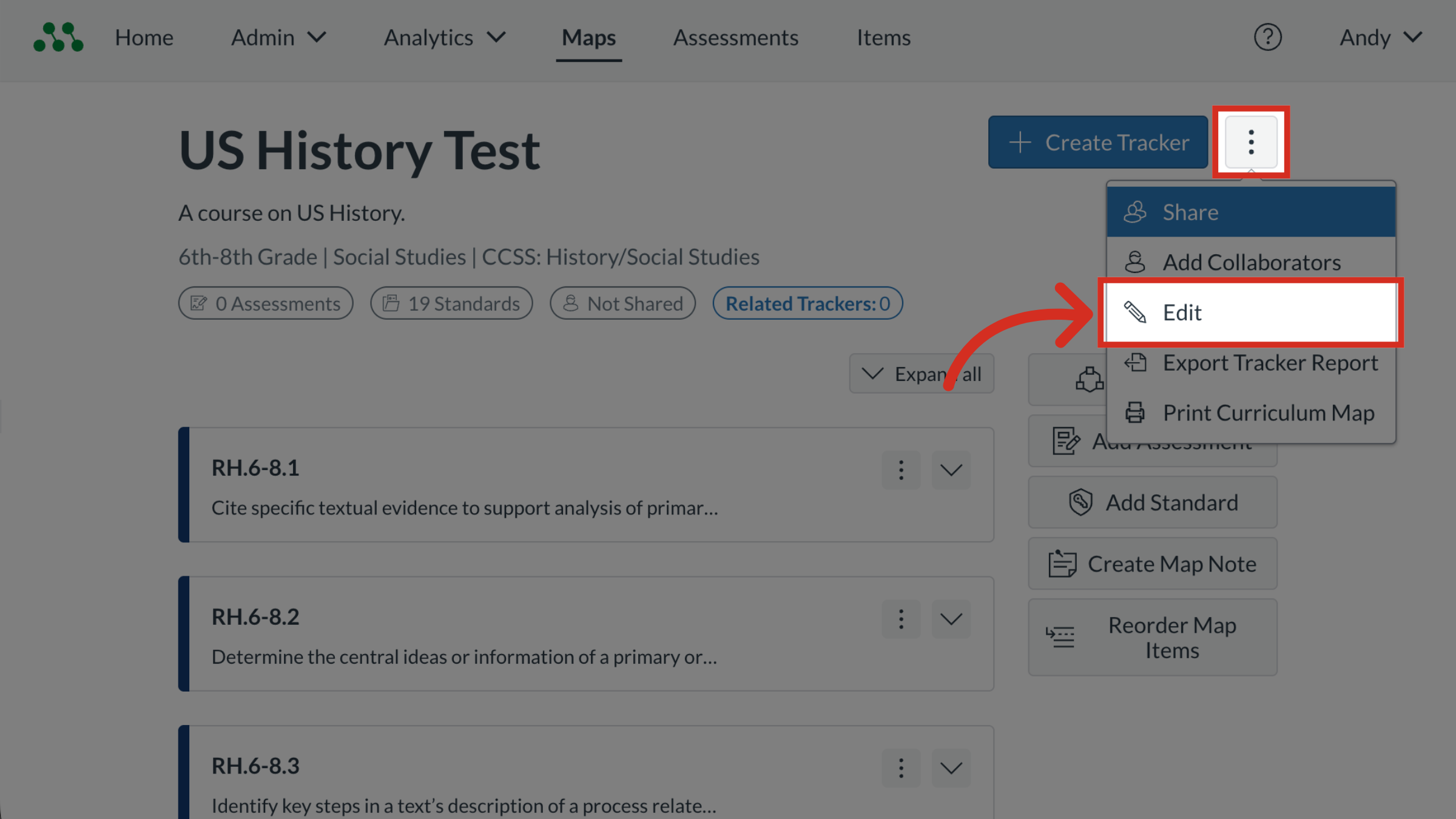 The Curriculum Map page with the Options and Edit buttons highlighted.