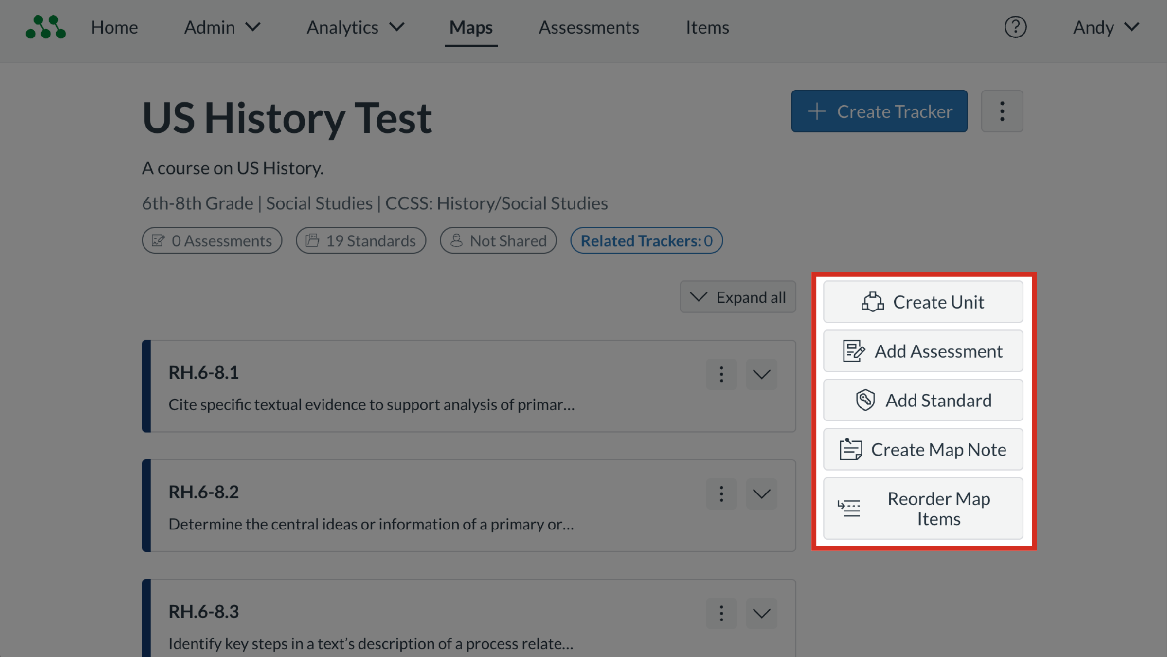 The Curriculum Map page with the Create Unit, Add Assessment, Add Standard, Create Map Note, and Reorder Map Items Buttons highlighted.