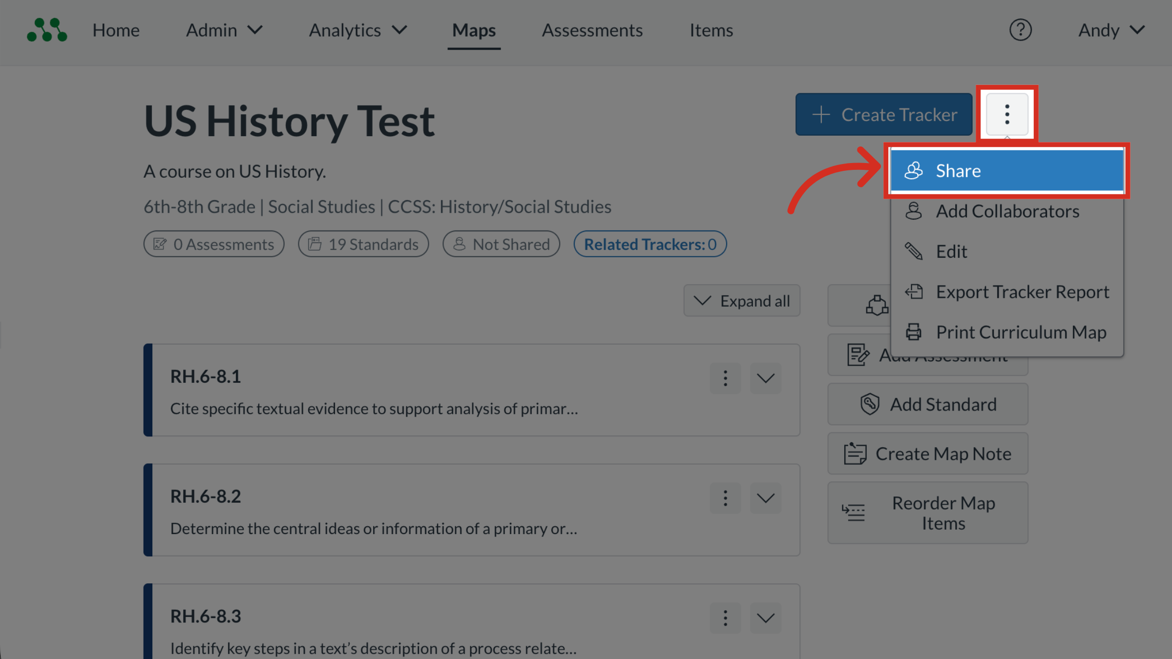 The Curriculum Map page with the Options and Share buttons highlighted.