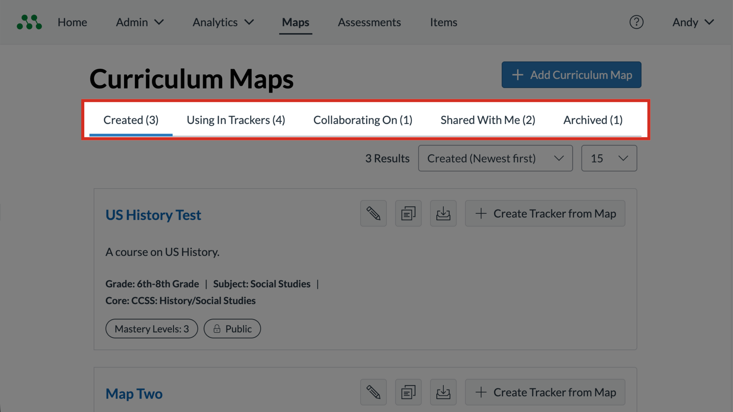 The Curriculum Maps page with the Created, Using In Trackers, Collaborating On, Shared With me, and Archived tabs highlighted.