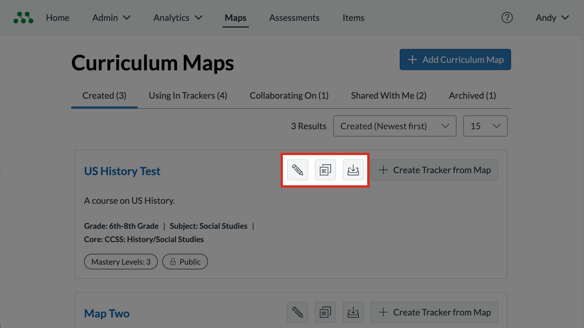 The Curriculum Maps page with a curriculum map's edit, copy, and archive icons highlighted.