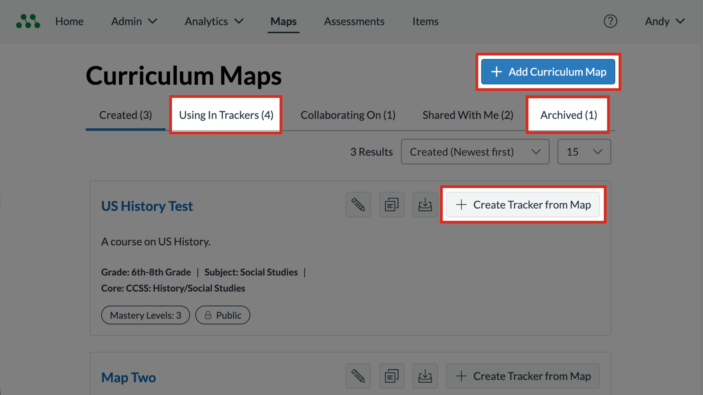 The Curriculum Maps page with the Add Curriculum Map button, Using In Trackers button, Archived tab, and Create Tracker from Map button highlighted.