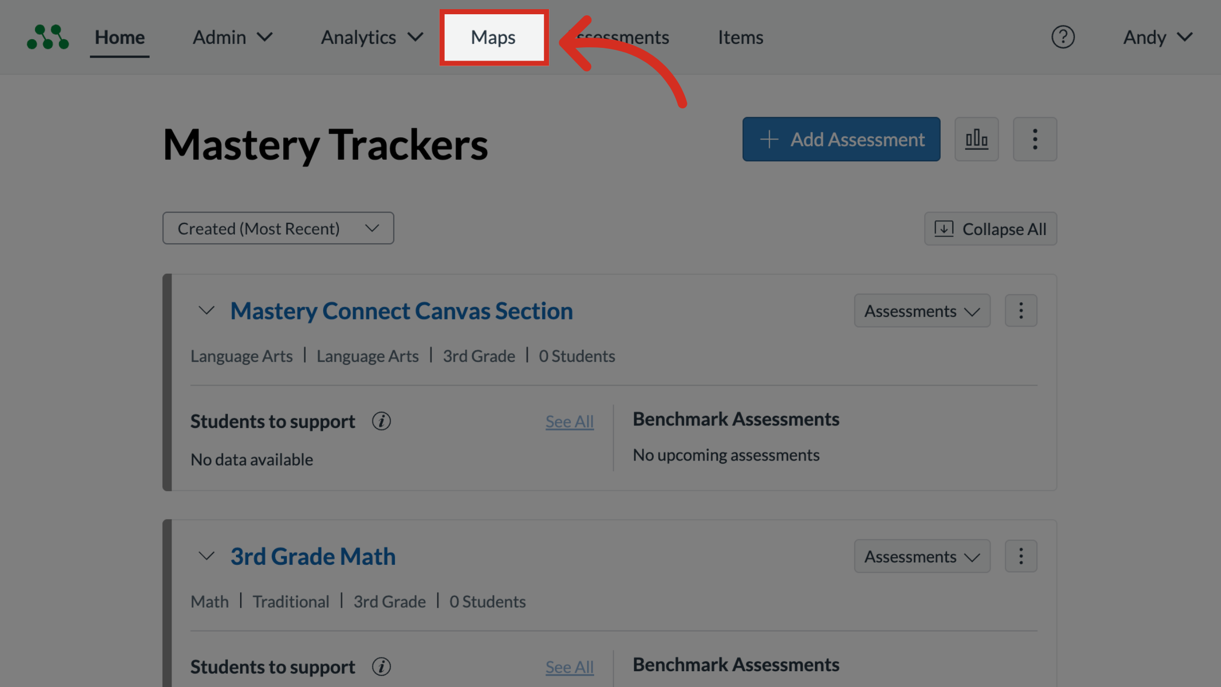 The Mastery Trackers page with the Maps link highlighted.