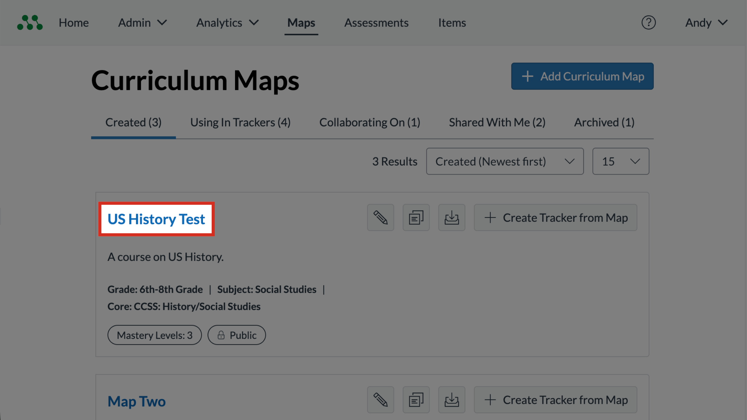 The Curriculum Maps page with a curriculum map's name link highlighted.