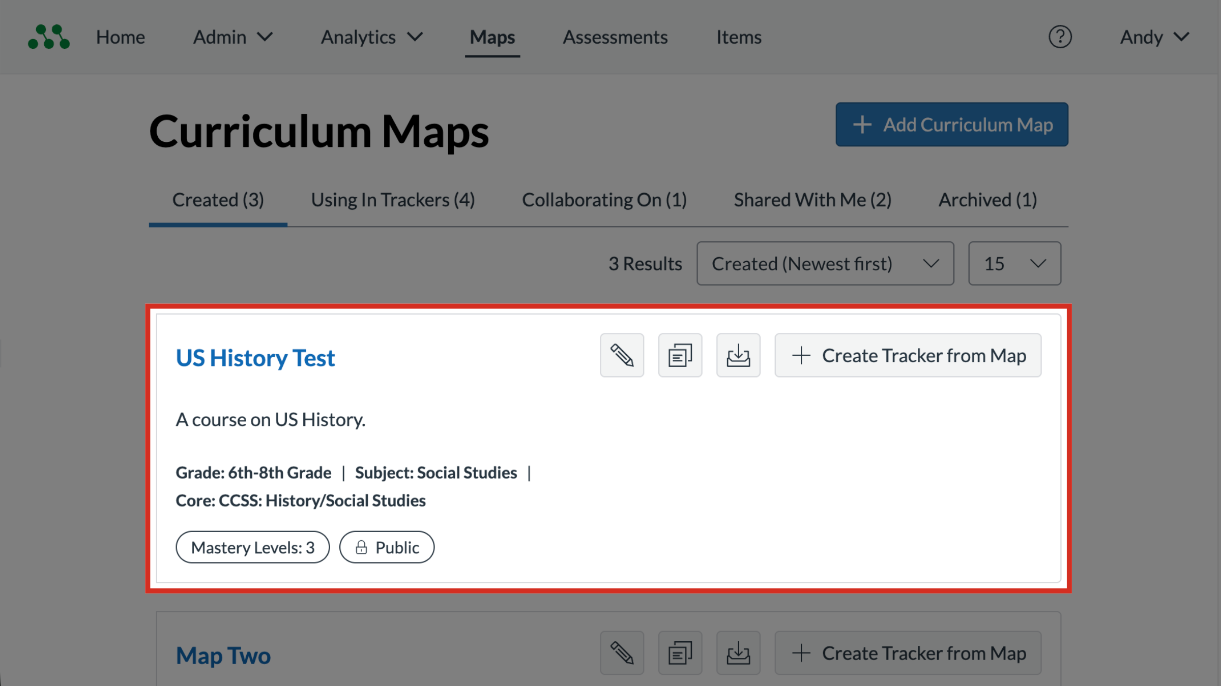 The Curriculum Maps page with a Curriculum Map highlighted.