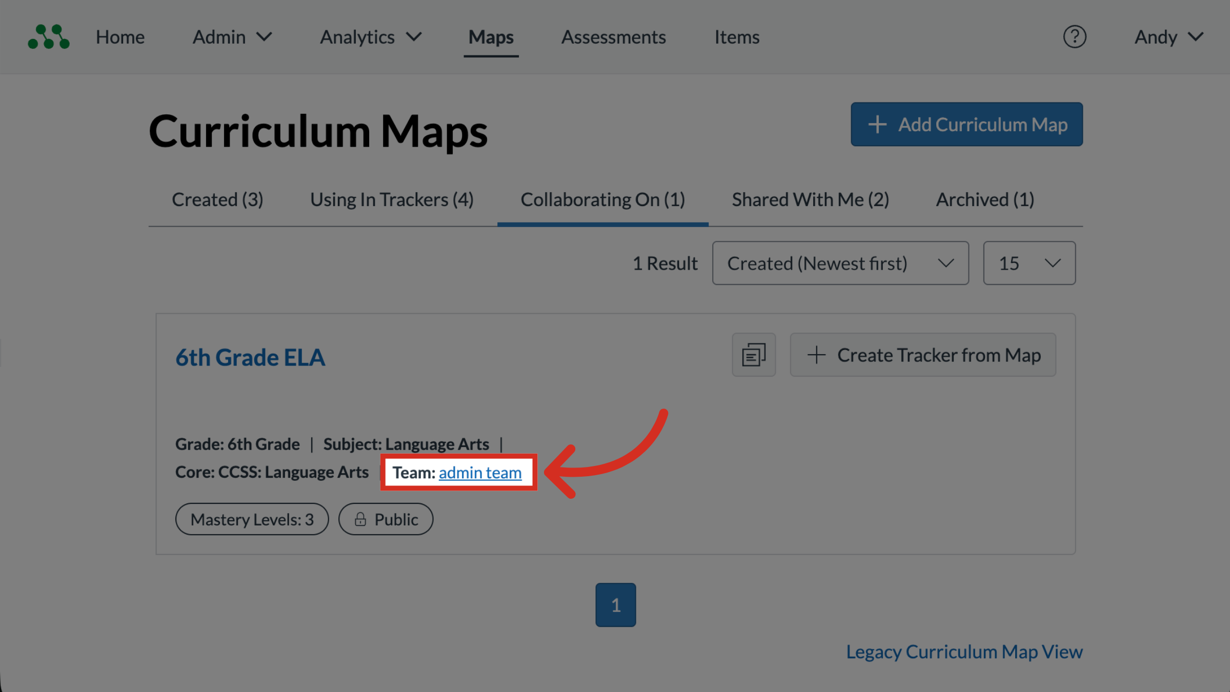 A curriculum map in the Collaborating On tab is shown, with the Team and Team name link highlighted.
