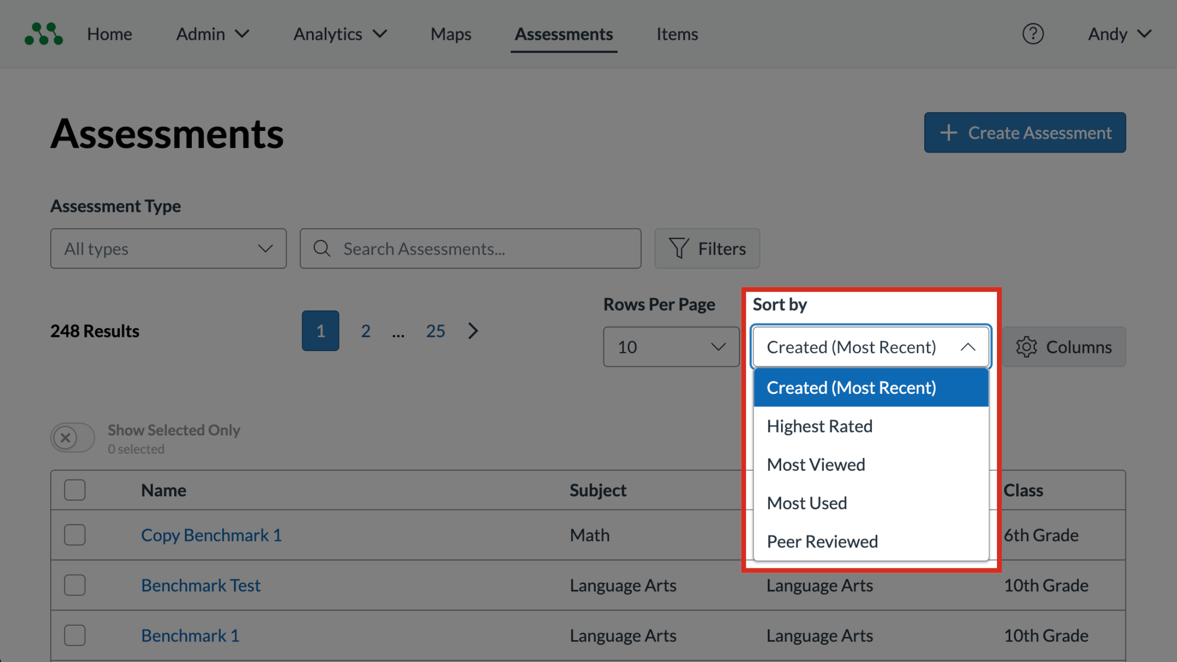 The Assessments page with the Sort by drop-down menu highlighted.