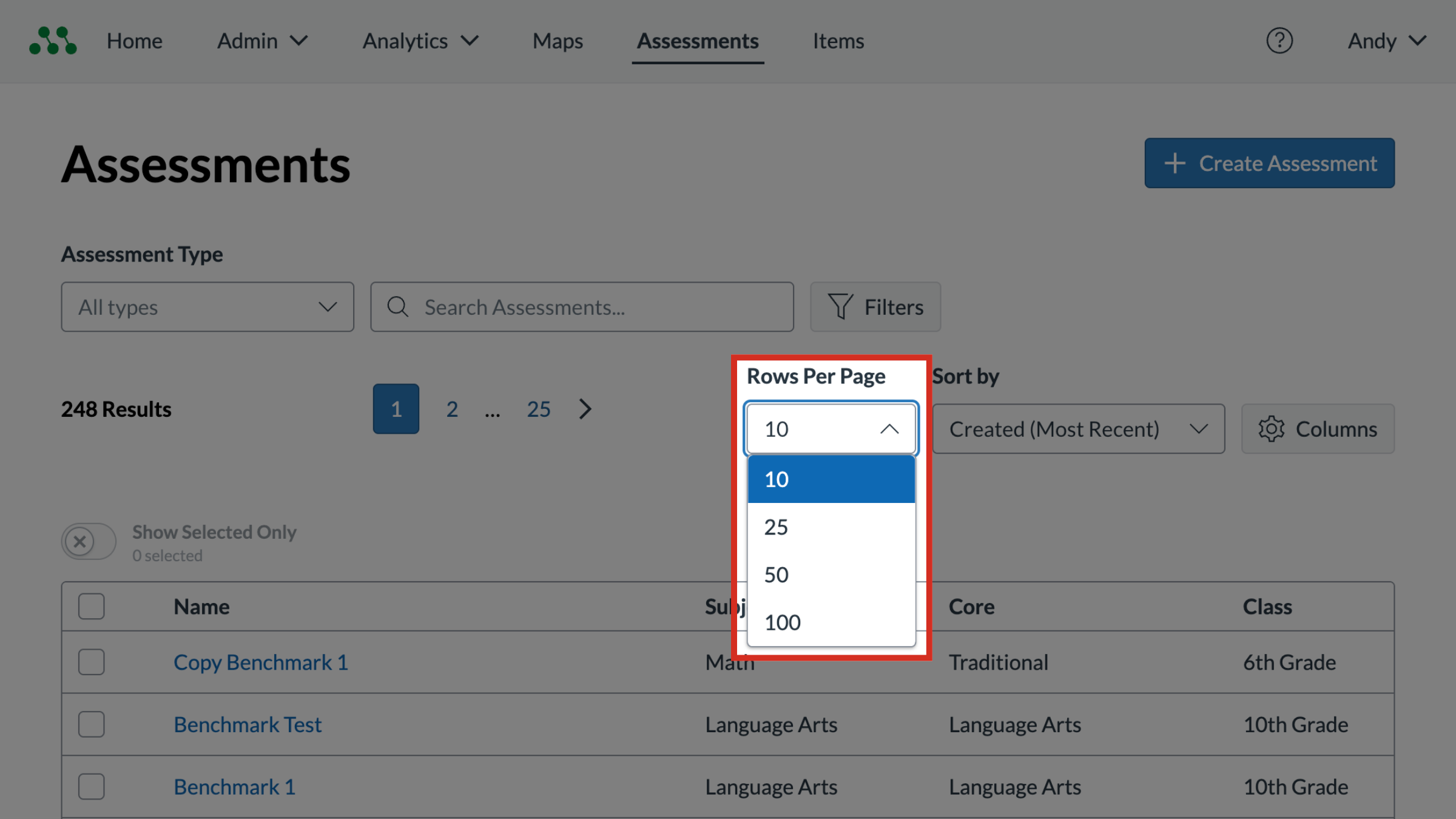 The Assessments page with the Rows Per Page drop-down menu highlighted.