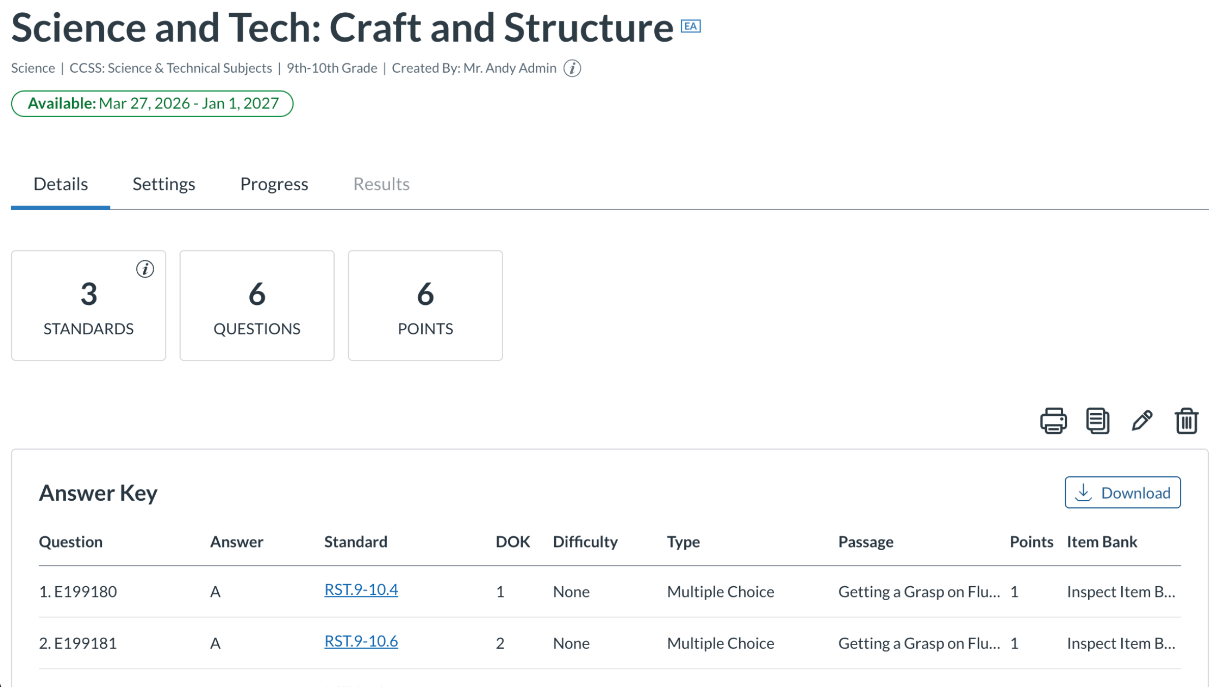 An assessment's details page with number of standards, questions, and points, and answer key question and answers displayed.