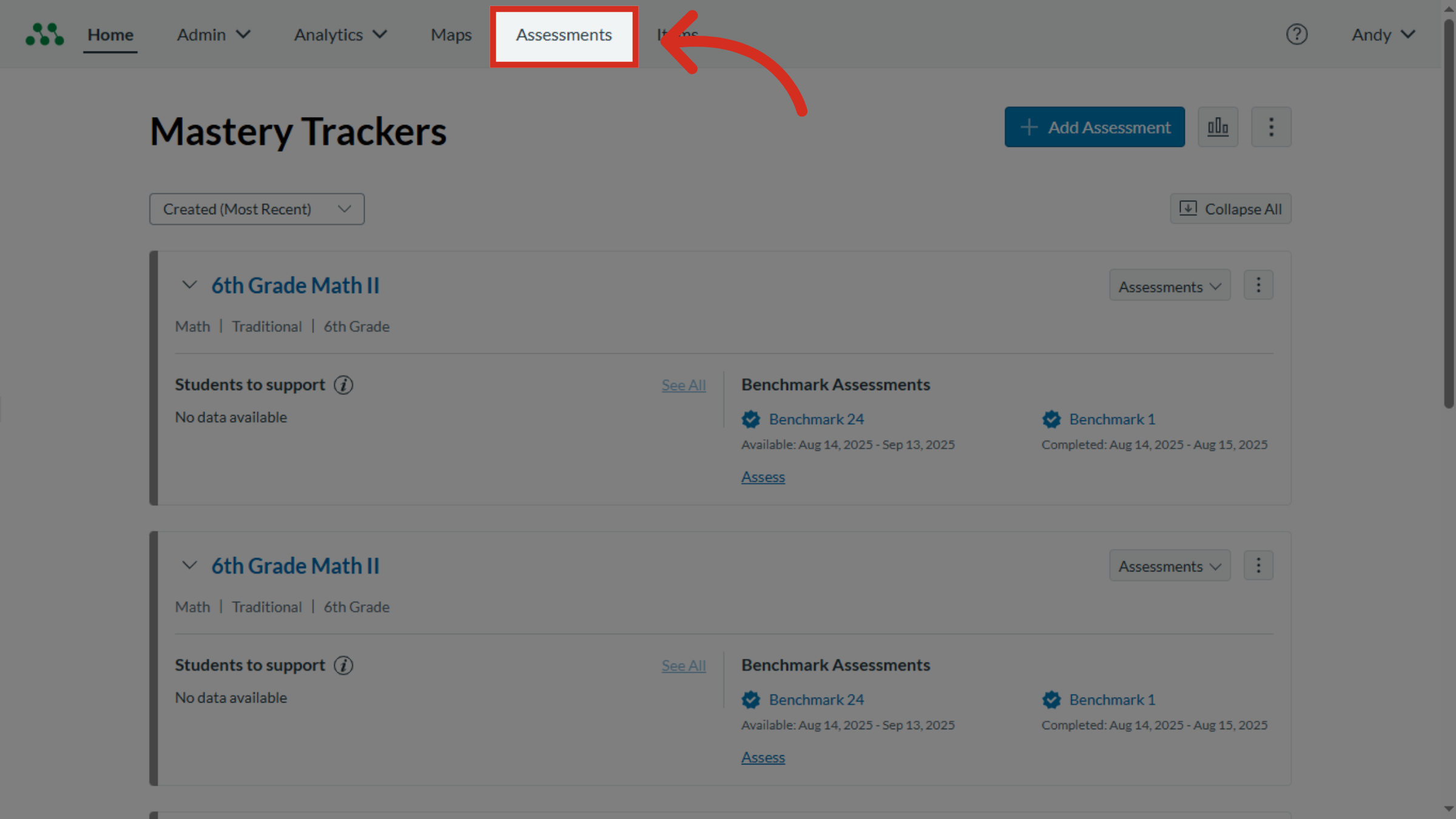 The Mastery Trackers page with the Assessments tab highlighted.