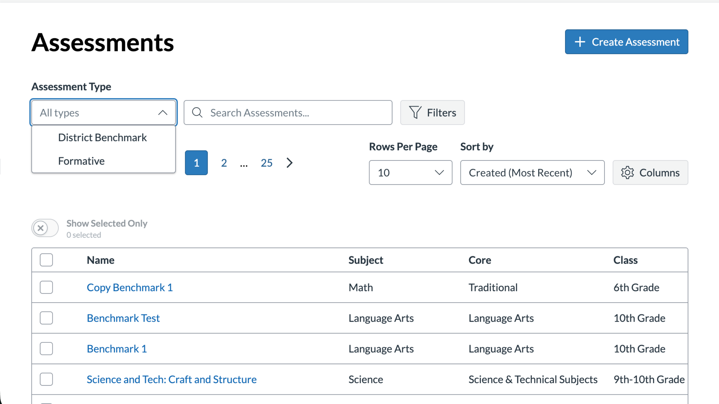 The Assessments page with a list of all assessments and filter options displayed.