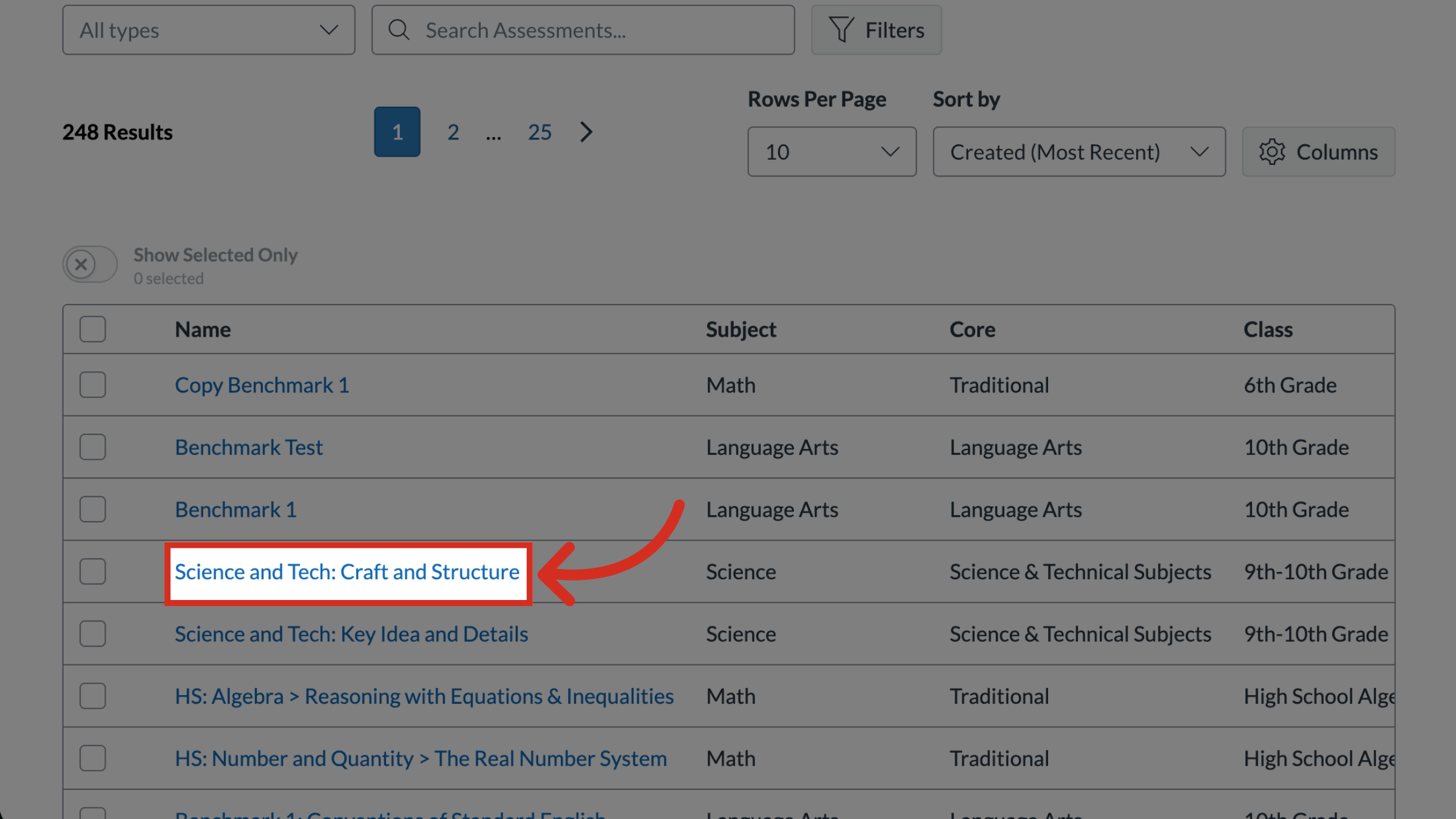 The Assessments page with an assessment name link highlighted.