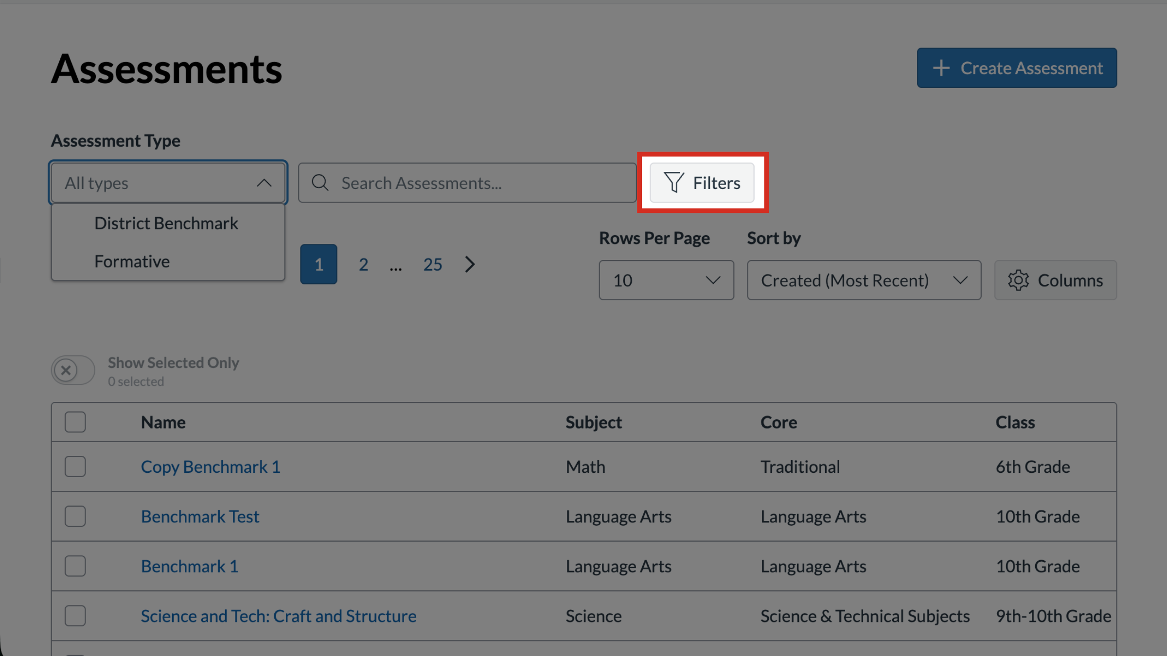 The Assessments page with the Filters button highlighted.
