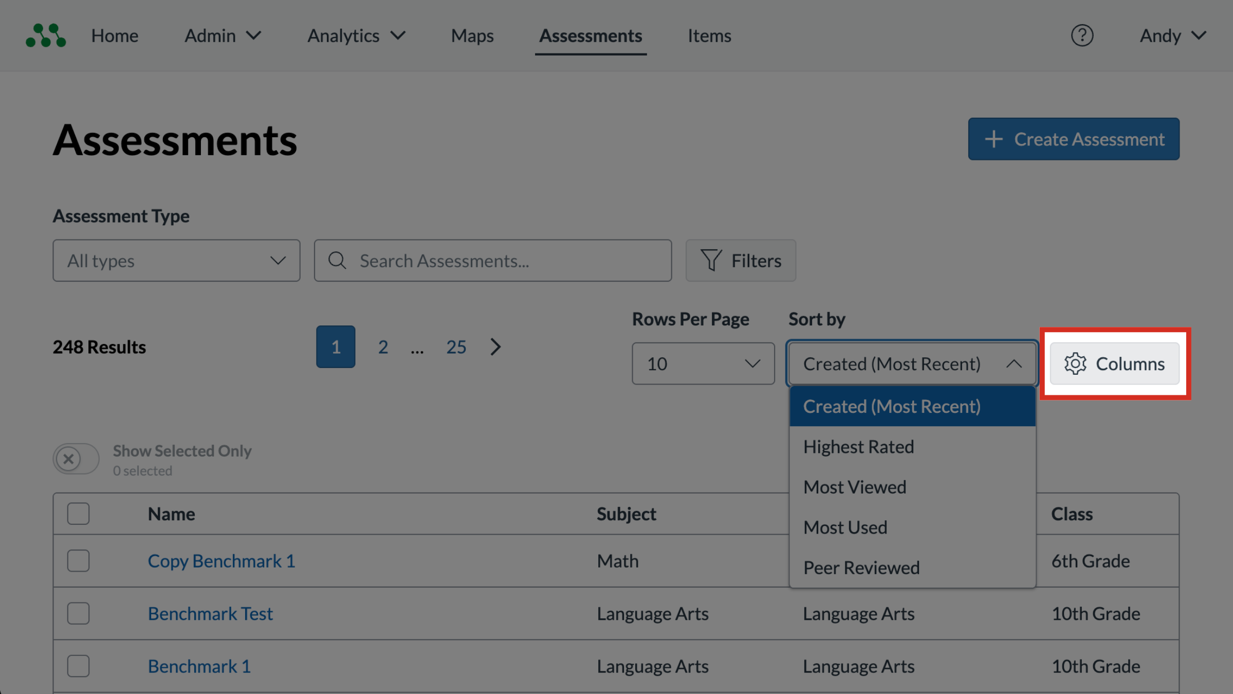 The Assessments page with the Columns button highlighted.