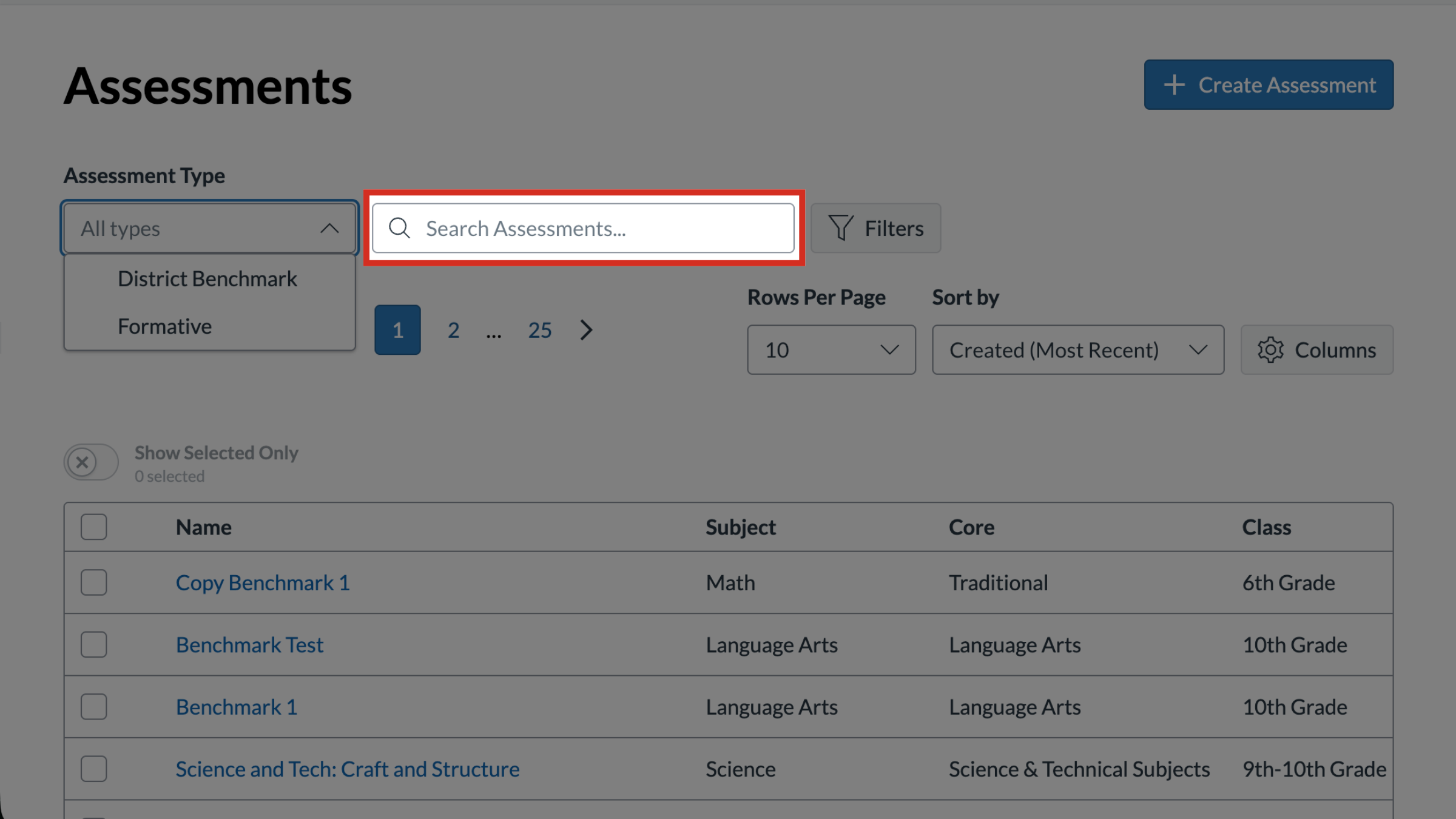 The Assessments page with the Search Assessments bar highlighted.