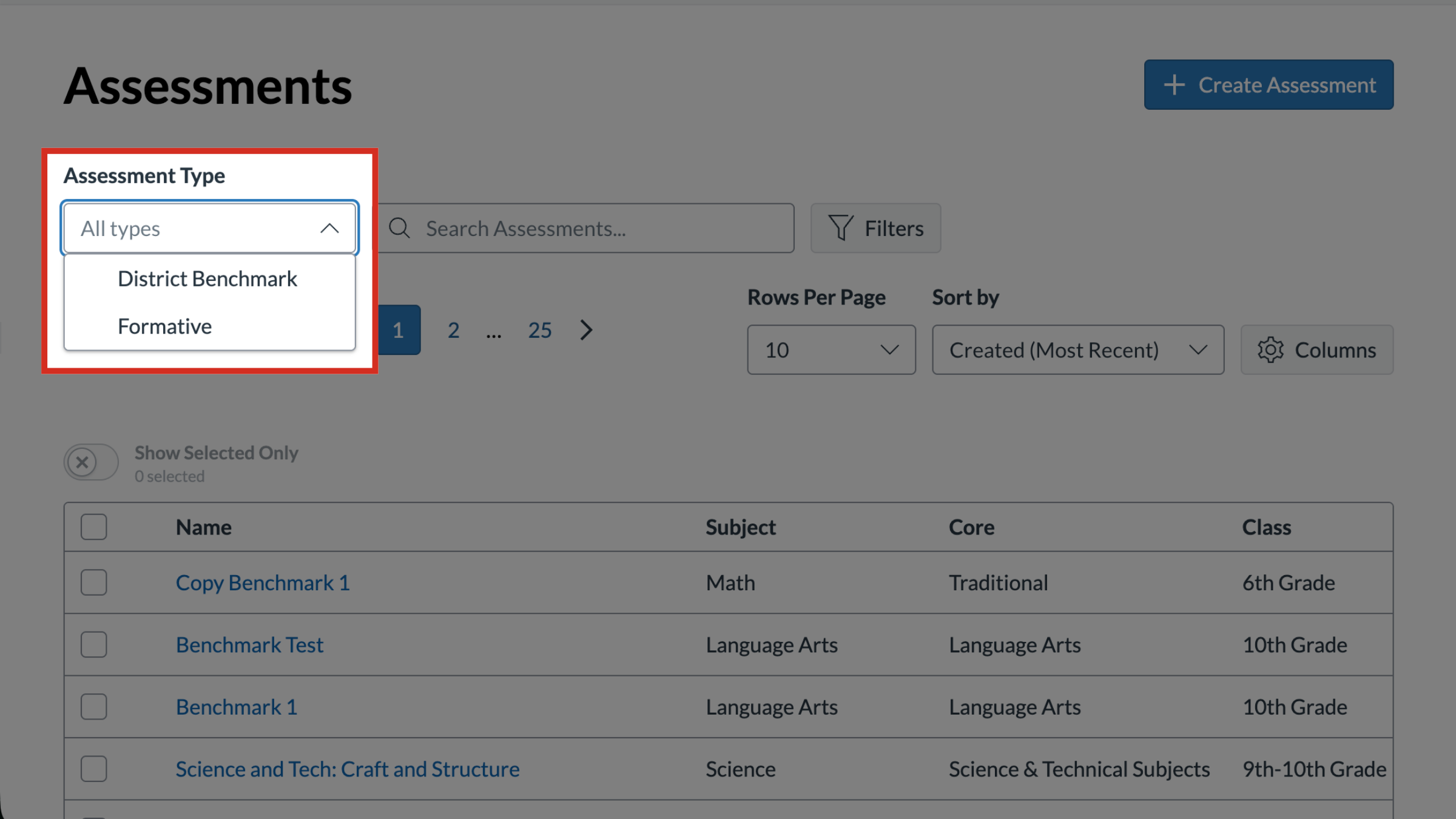 The Assessments page with the Assessment Type drop-down menu highlighted.