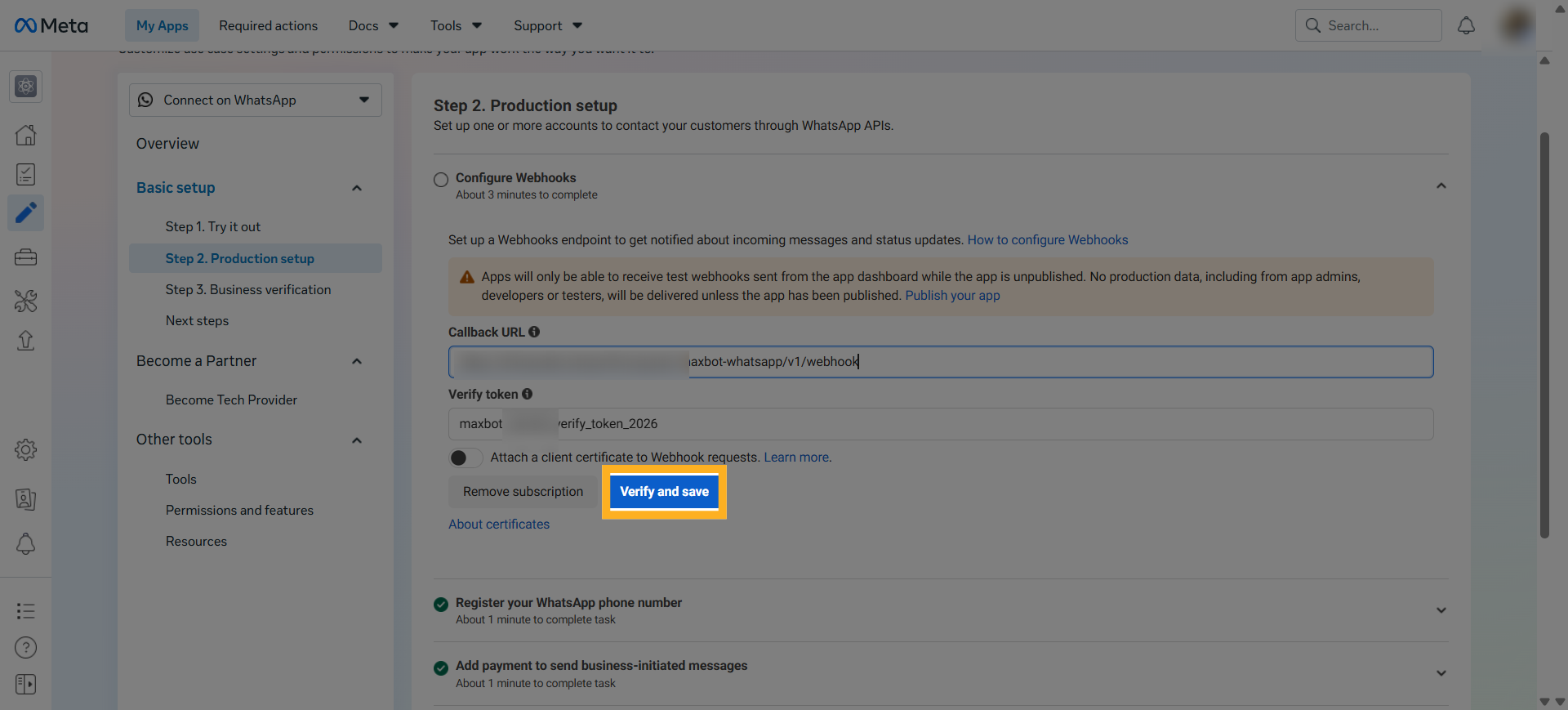 Verify and save the webhook in Meta