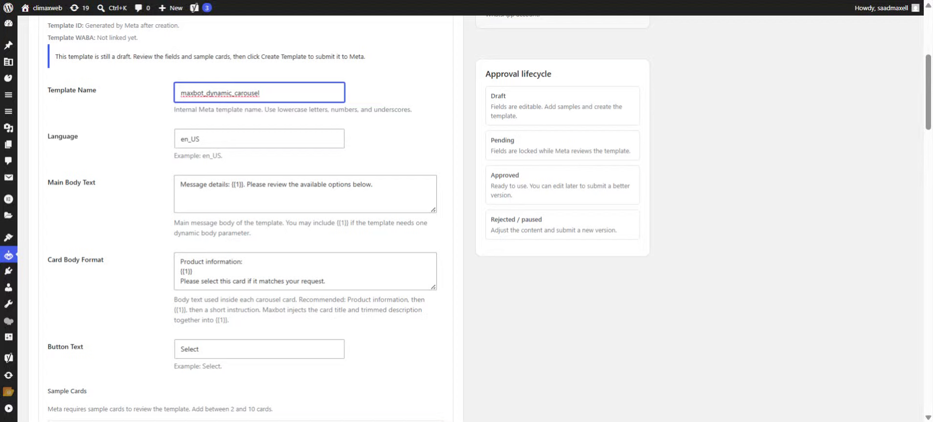WhatsApp carousel template configuration in Maxbot