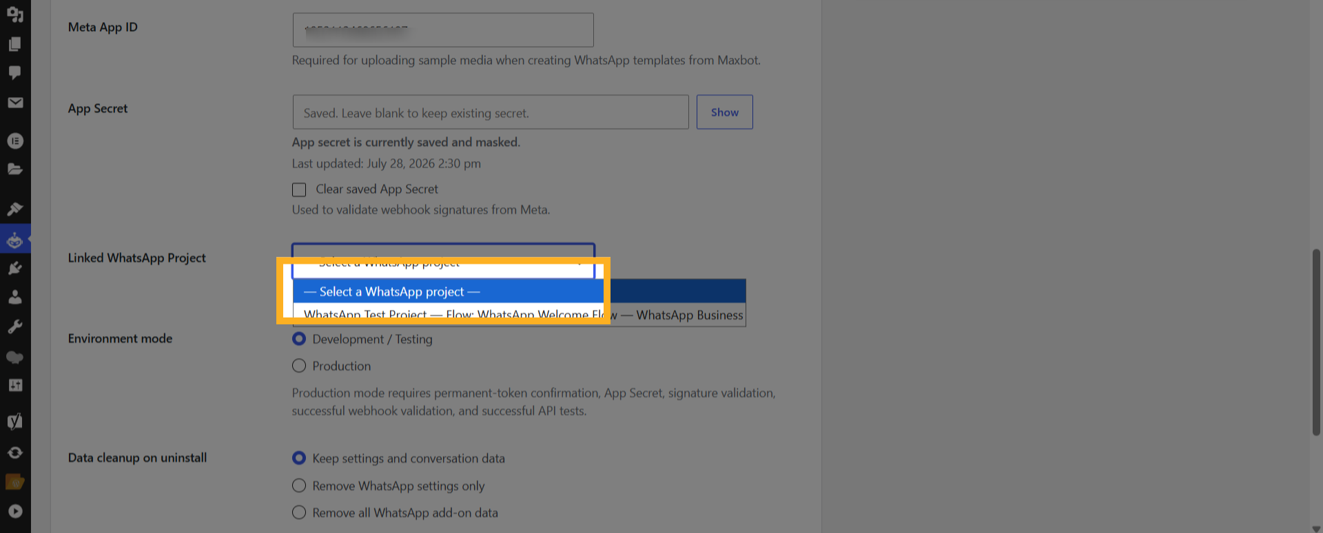 Linked WhatsApp Project selector in Maxbot
