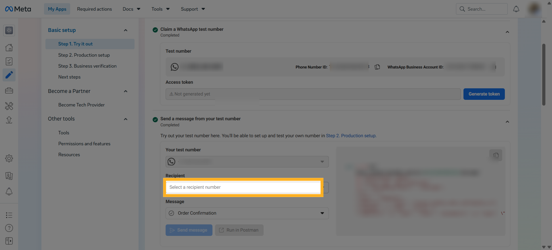 Select a WhatsApp test recipient number in Meta