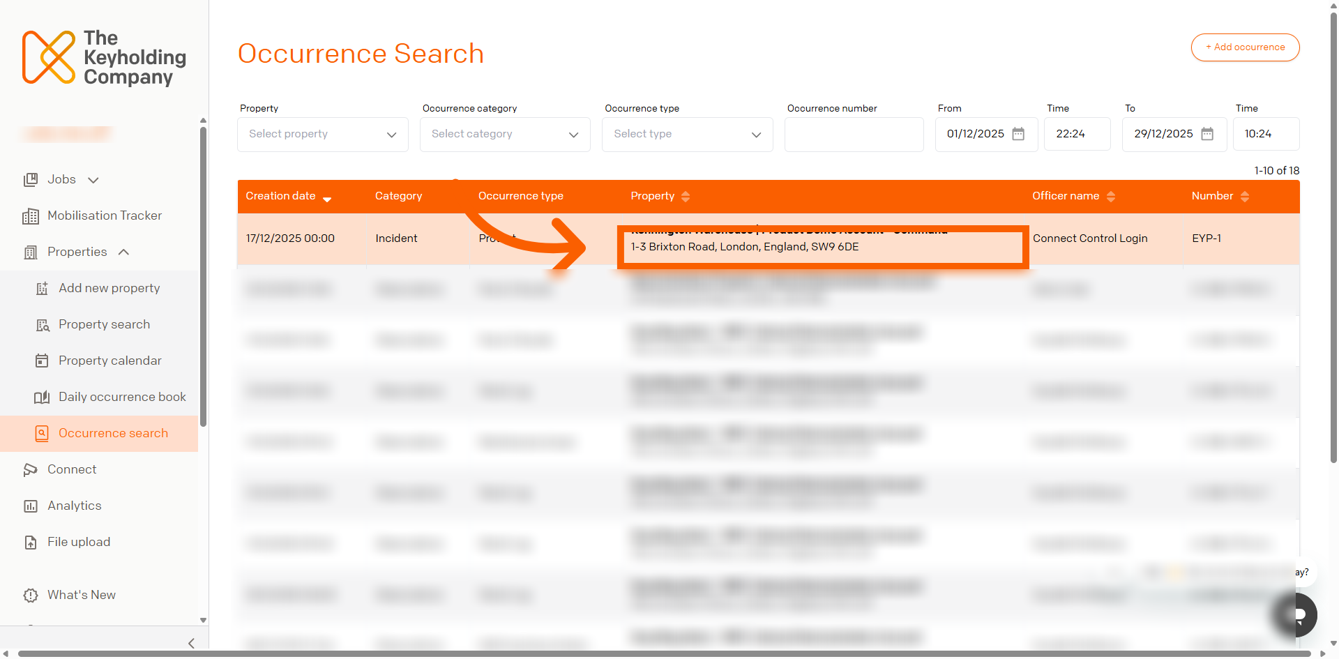 Locating the Incident Record Within the Occurrence Search Page