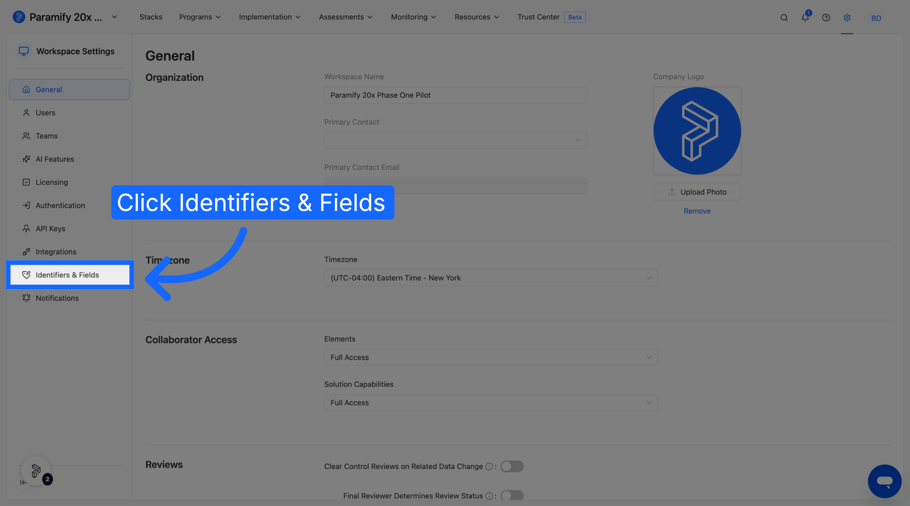 Navigate to Identifiers & Fields