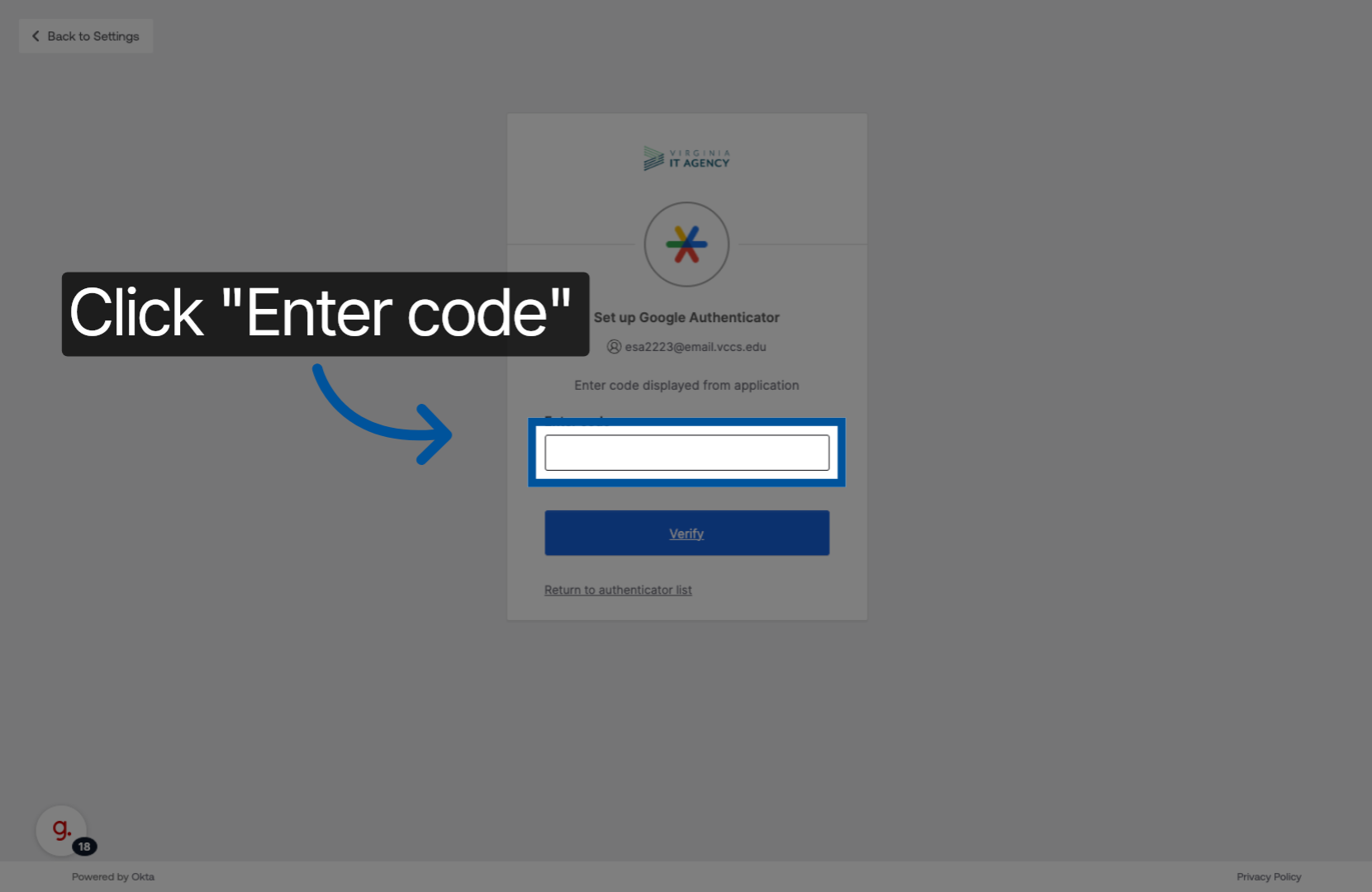 Screenshot highlighting the Enter code field