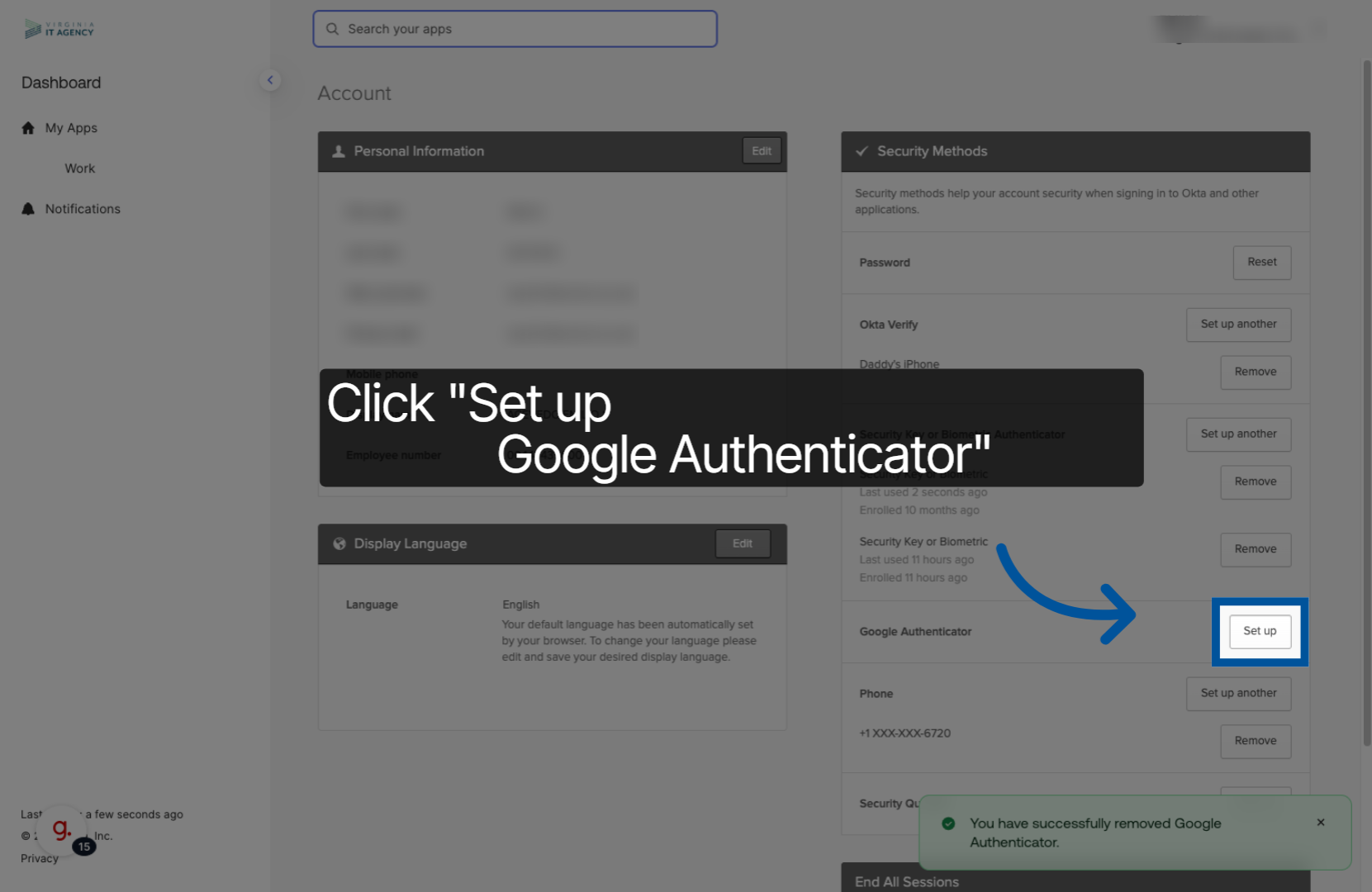Screenshot showing the Set up button for Google Authenticator